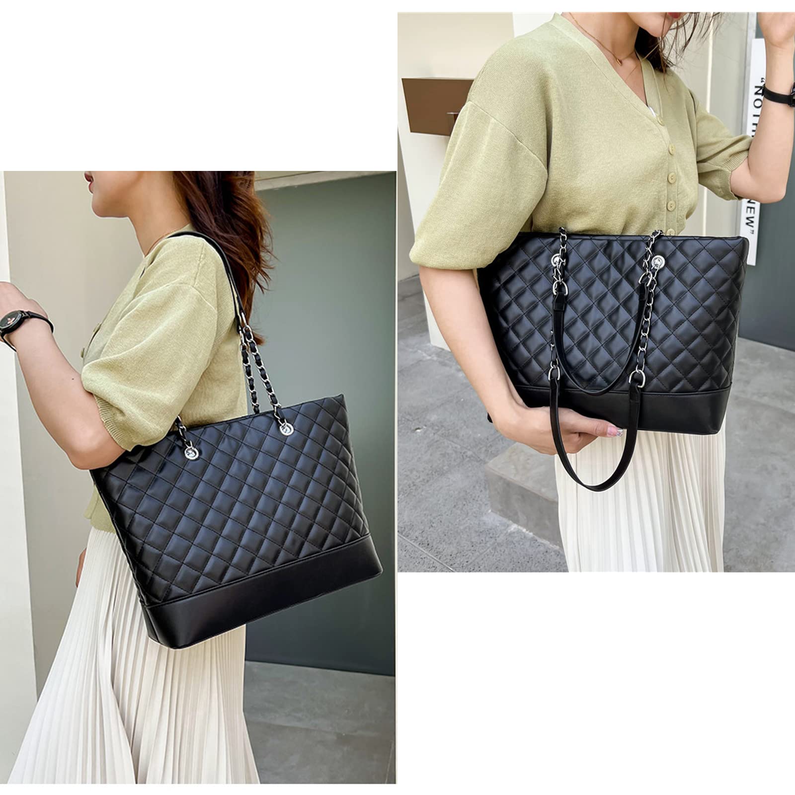 Women's Quilted Shoulder Bag - Lightweight Designer Tote with Chain Strap for Work & Travel