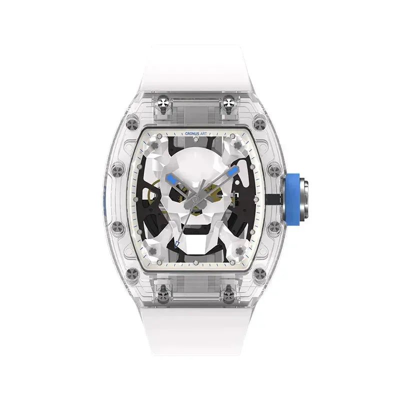 CRONUSART Men's Luxury Automatic Skeleton Skull Watch - 50mm Tonneau Case, Luminous Dial, Fluororubber Strap - Perfect for Business, Casual & Night Out Fashion Accessory