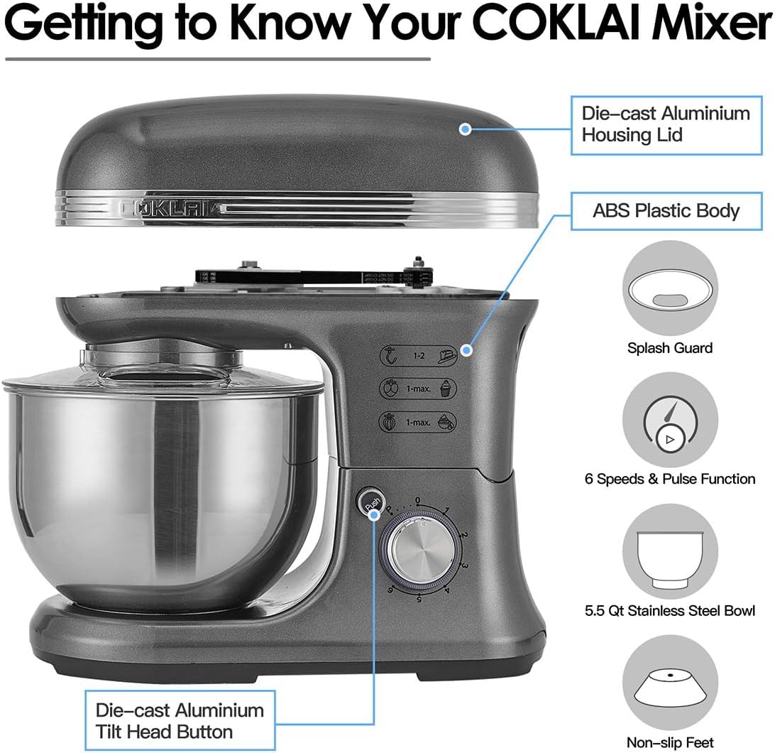 6-Speed Stand Mixer with Stainless Steel Bowl - Electric Tilt-Head Kitchen Mixer for Baking - Includes Wire Whisk, Dough Hook & Flat Beater - Perfect for Cookies, Cakes, Bread & Pastry Dough