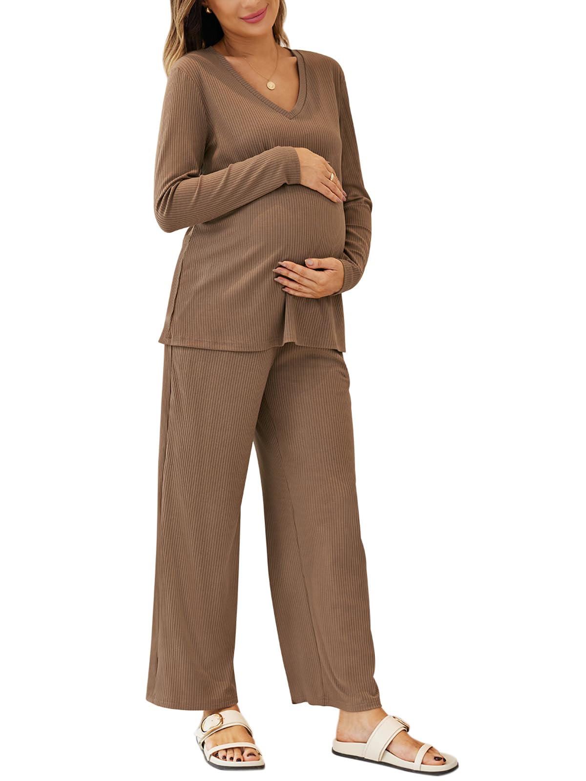 Comfortable Maternity Pajama Set for Women - 2 Piece Ribbed Nursing Pajamas with Long Sleeve V-Neck Top & Pants - Soft Pregnancy Loungewear for Sleeping, Nursing & Relaxing at Home