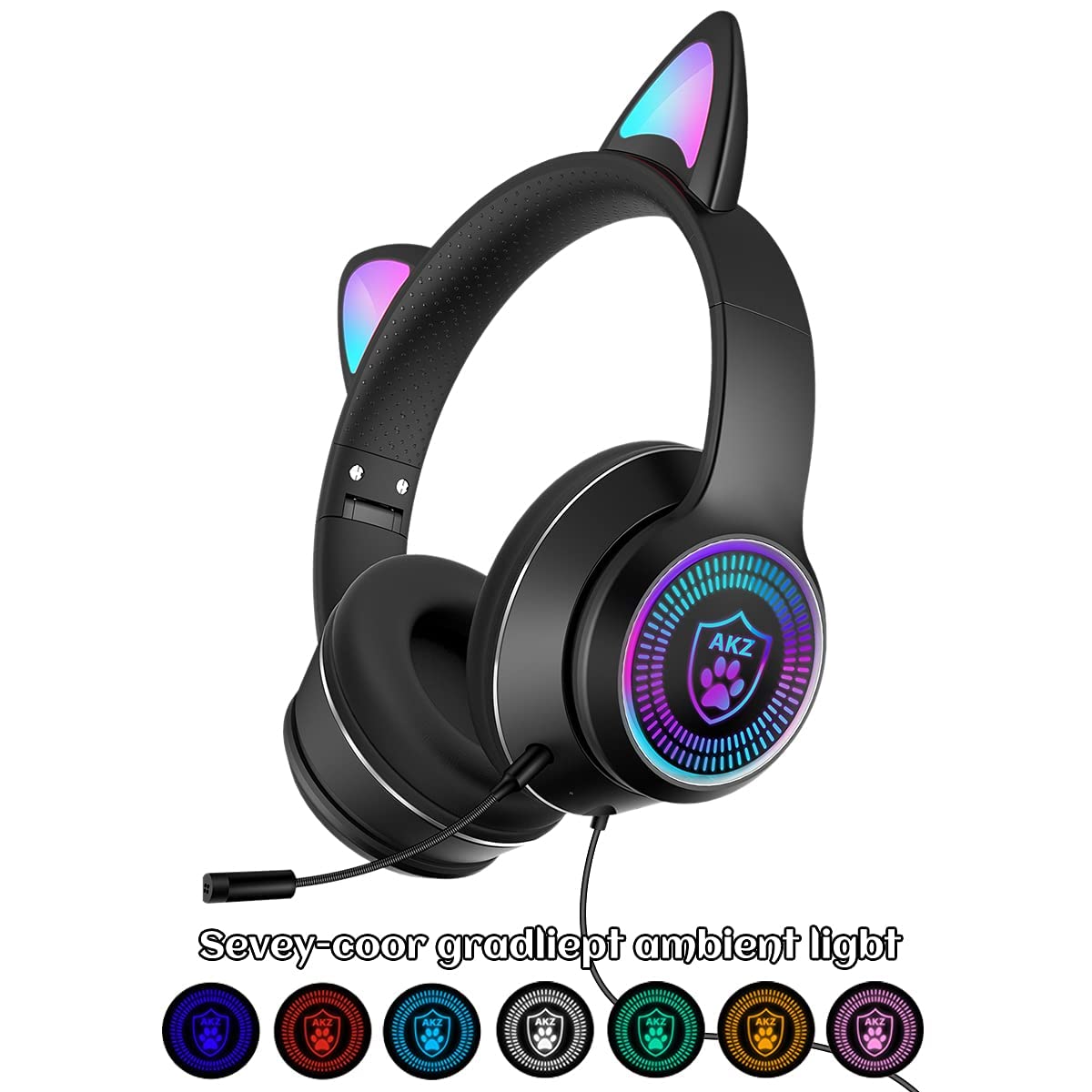 LED Cat Ear Gaming Headset with Microphone - Wired 3.5mm AUX Stereo Sound, RGB Light Effects, Over-Ear Comfort for PC, PS4, Switch, Mobile & Laptop (3 Colors) - Perfect for Live Streaming, Gaming Sessions & Cosplay Events