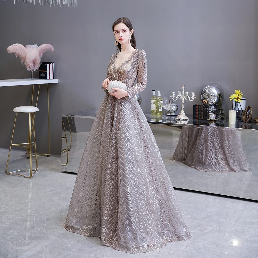 Elegant Long Sleeve Lace Evening Dress for Women - V Neck Crystal Beaded Formal Gown for Prom, Wedding, and Special Occasions
