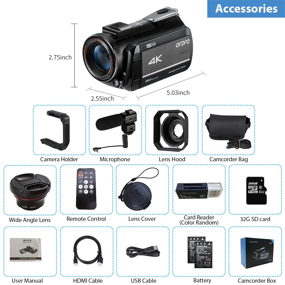 ORDRO AZ30 4K UHD Vlogging Camera with Wi-Fi, Night Vision & Microphone - 1080P 60FPS YouTube Camera Kit with Wide Angle Lens, Handheld Stabilizer & 32GB TF Card - Perfect for Travel Vlogging, Live Streaming & Content Creation