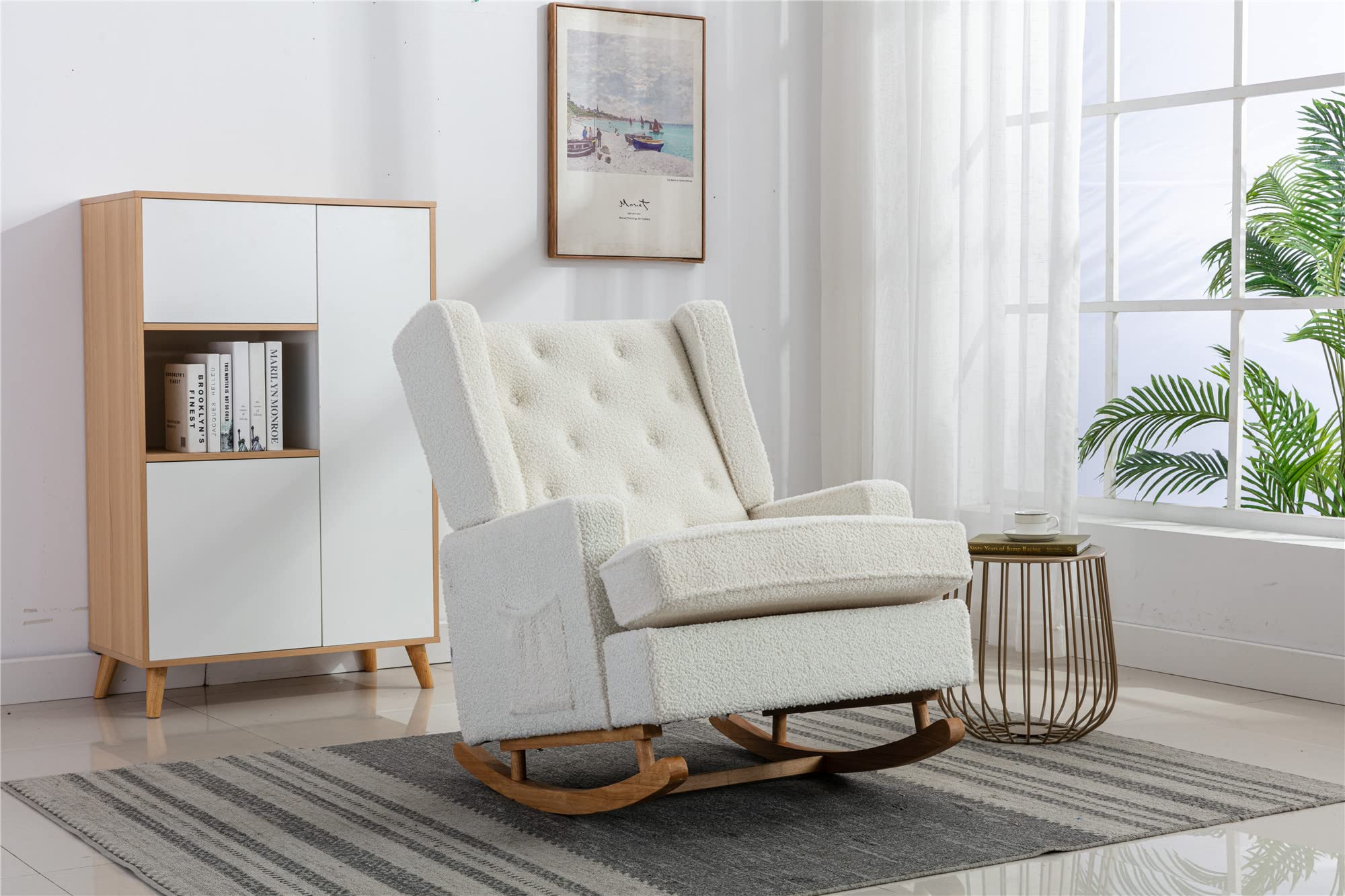 Mid-Century Modern Wingback Rocking Chair - Tufted Upholstered High Back Rocker with Sturdy Rubber Wood Base - Comfortable Nursing & Living Room Armchair for Nursery, Bedroom, Office - White - Perfect for Breastfeeding, Reading & Relaxing