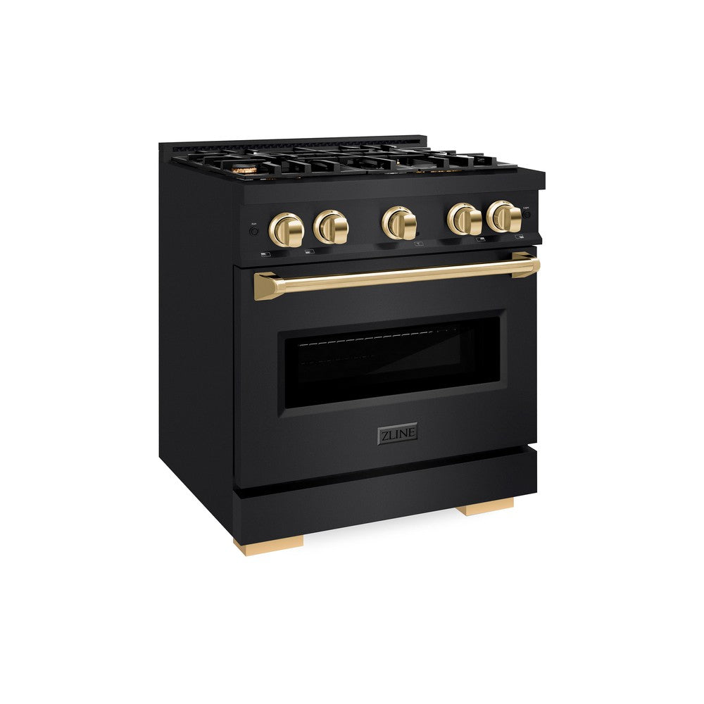ZLINE Autograph Edition 30-inch 4.2 cu. ft. Dual Fuel Range - Black Stainless Steel with Gold Accents - 4 Burner Gas Cooktop & Convection Oven - Professional Kitchen Appliance for Home Chefs & Cooking Enthusiasts