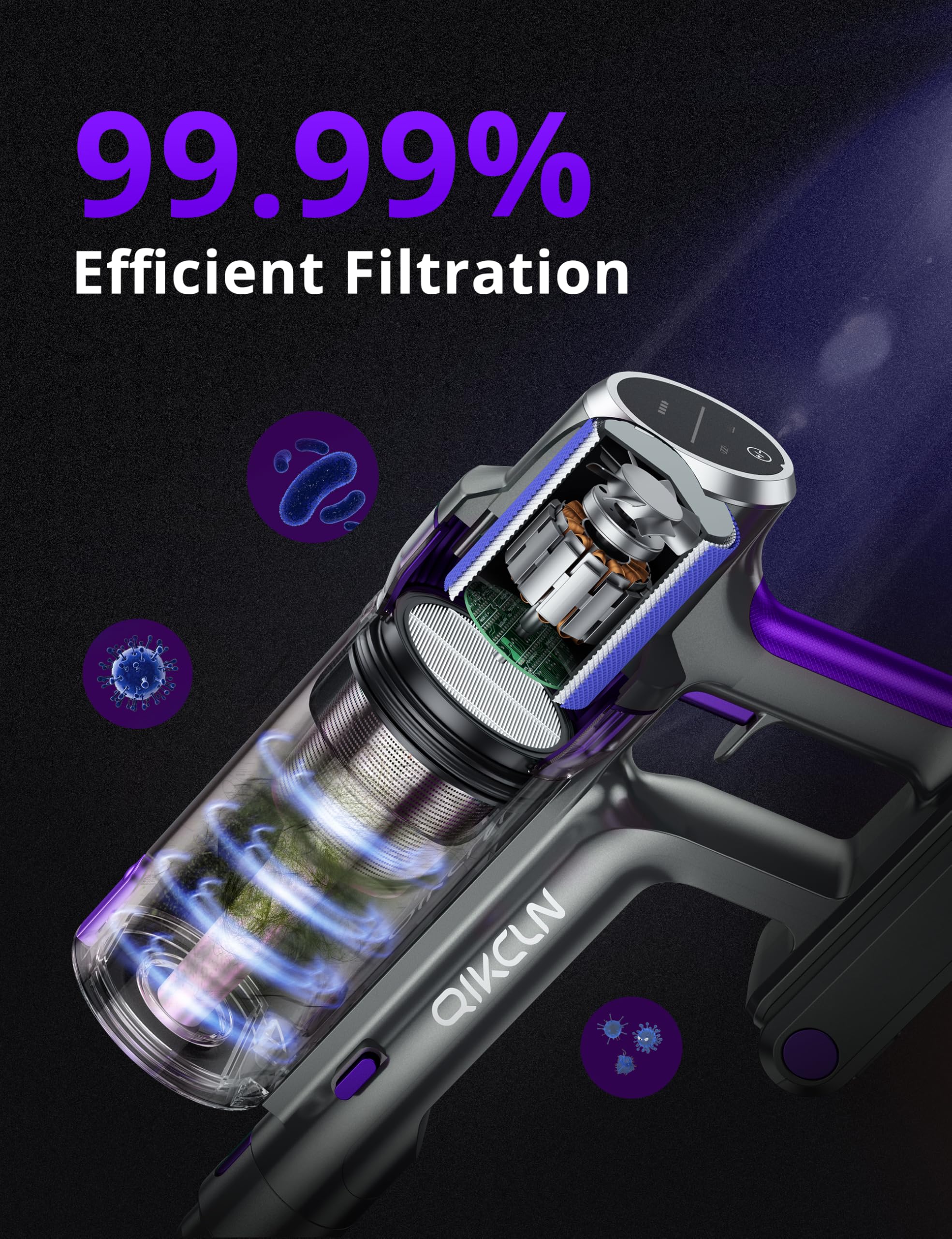 250W 30Kpa Powerful Cordless Stick Vacuum Cleaner - 90000 RPM Motor, LED Display, 3 Cleaning Modes, 40 Min Runtime - Rechargeable Handheld Vacuum for Pet Hair, Hardwood Floors & Carpets (Purple) - Perfect for Quick Cleanups & Deep Cleaning in Homes with Pets