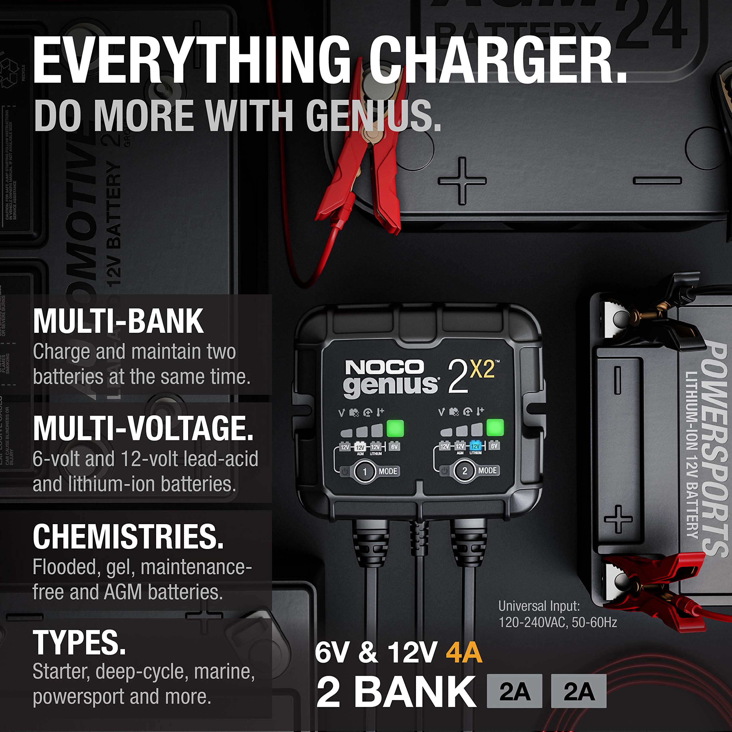 NOCO GENIUS2X2 Smart Car Battery Charger - 2-Bank 4A (2A/Bank) 6V/12V Automotive Charger, Battery Maintainer & Trickle Charger for Motorcycle, ATV, Lithium Batteries - Perfect for Winter Storage & Vehicle Maintenance