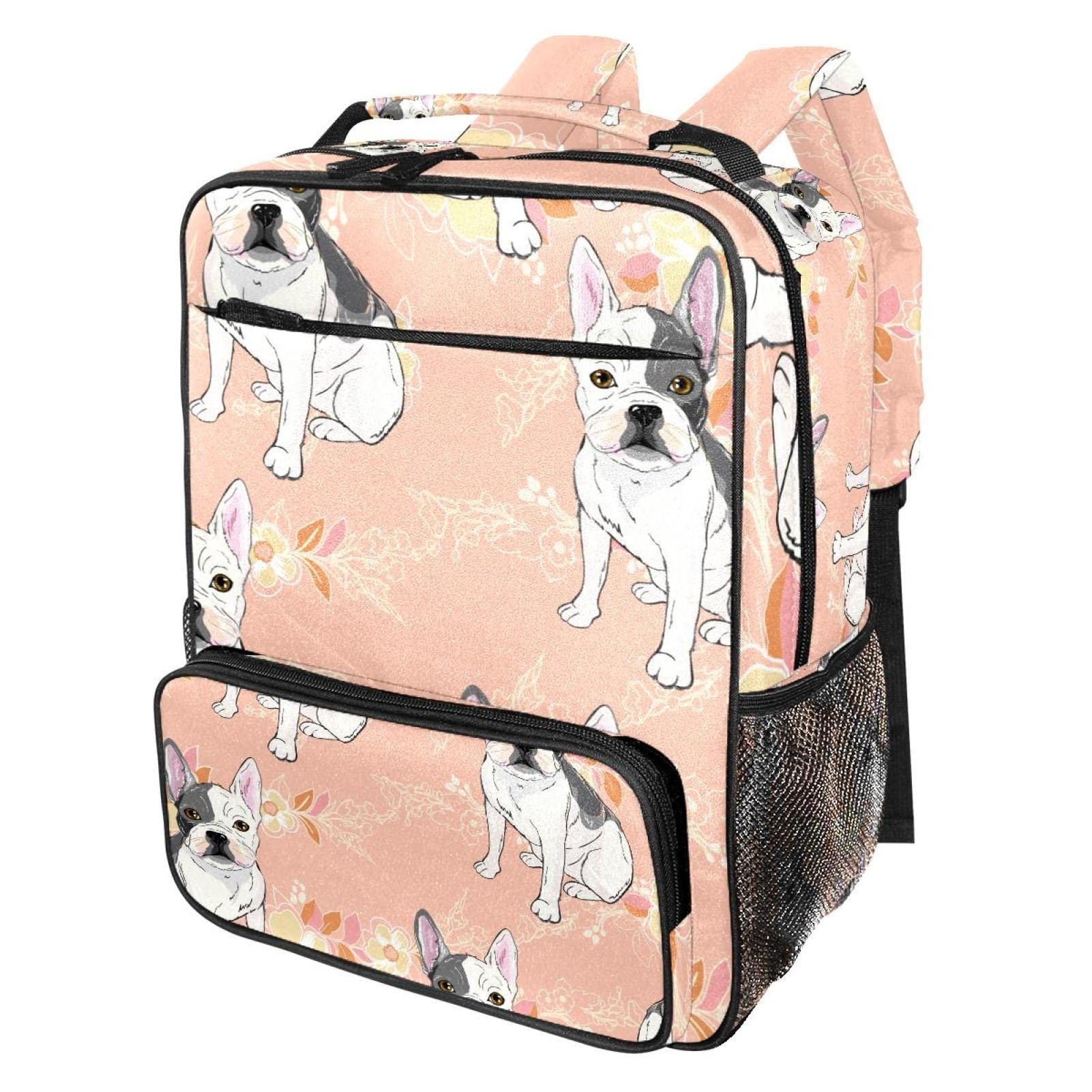 Black & White Pug Dog Print Backpack with Floral Leaves Design - Cute School Backpack for Teen Girls & Boys, Durable Travel Backpack for College, Work & Outdoor Adventures
