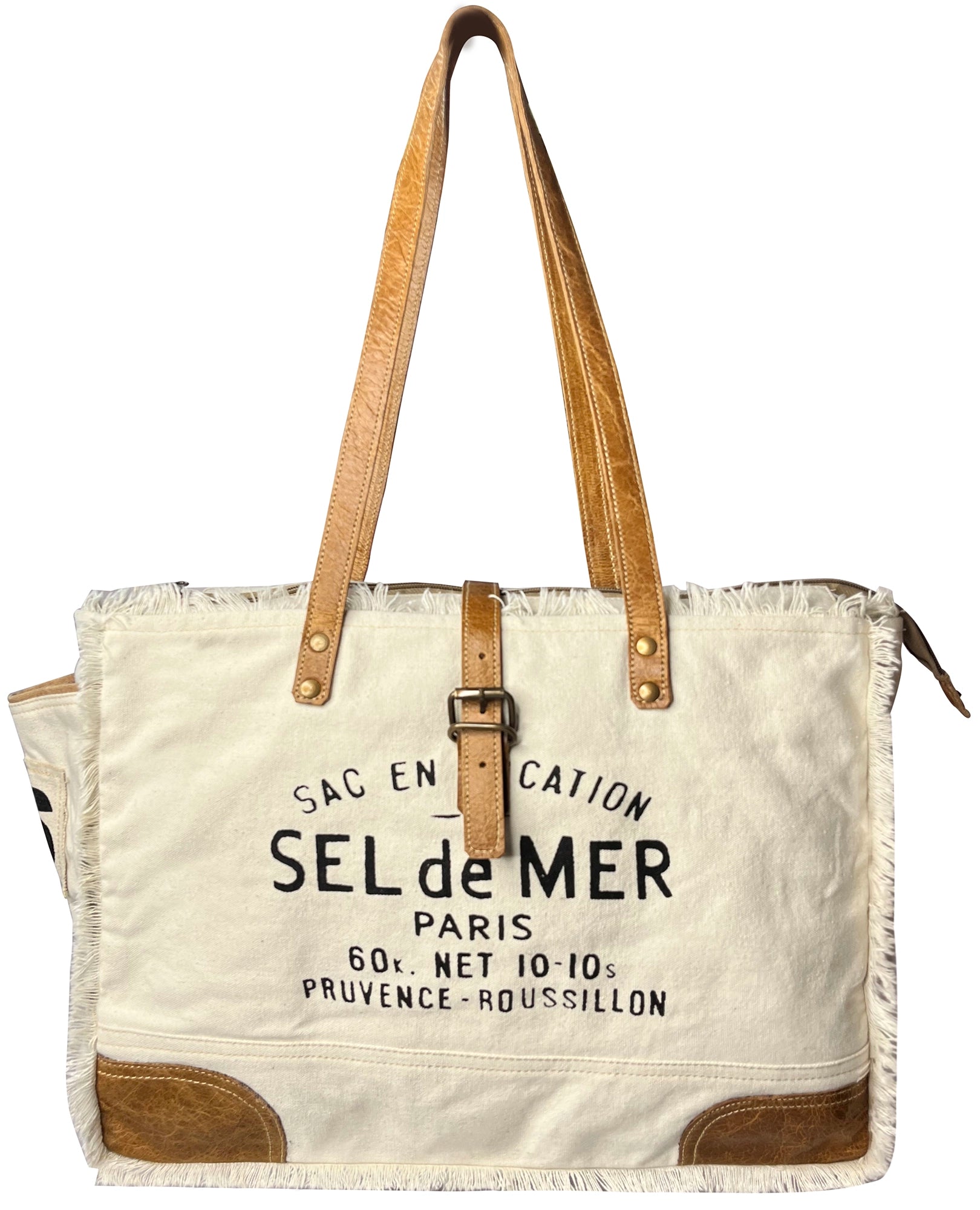 Stylish Leather & Canvas Tote Bag for Women - French Inspired Sel de Mer Shoulder Bag in White | Perfect for Work, Travel & Beach Day Essentials