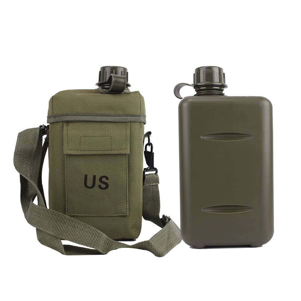 Military Canteen Water Bottle 2L - Aluminum Camouflage with Shoulder Strap for Hiking & Camping