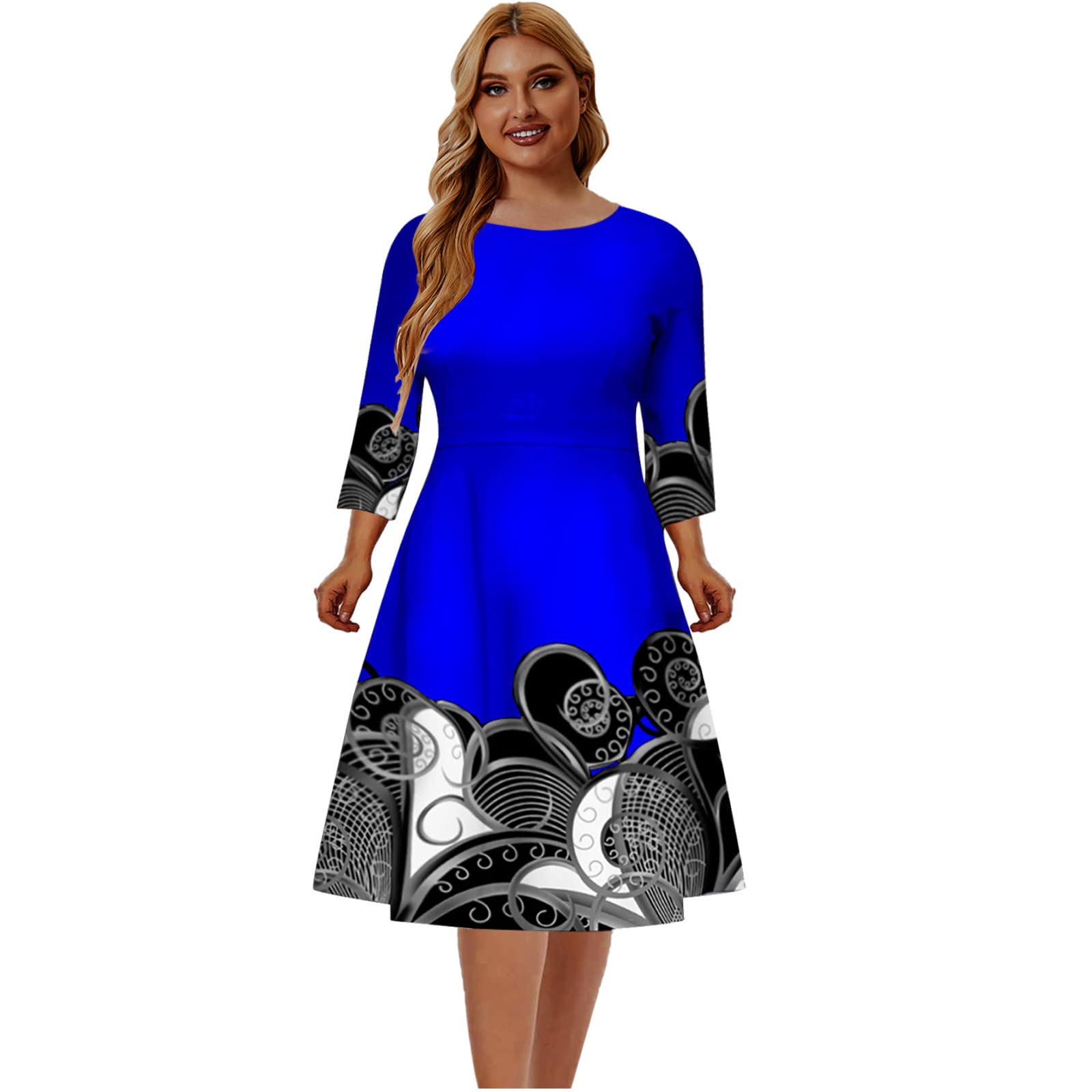Vintage Printed Plus Size Women's 3/4 Bell Sleeve Bodycon Midi Dress - Elegant Wedding Guest Dress for Special Occasions & Evening Events