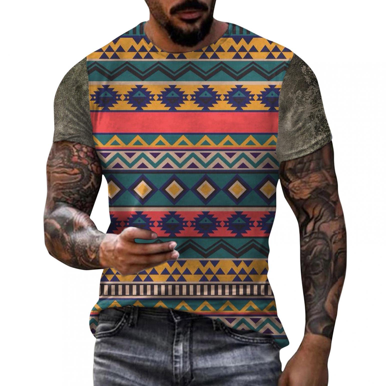Sertiohcv Men's Ethnic Print Round Neck T-Shirt - Breathable Short Sleeve Gym & Workout Shirt for Outdoor Activities, Casual Wear & Sports