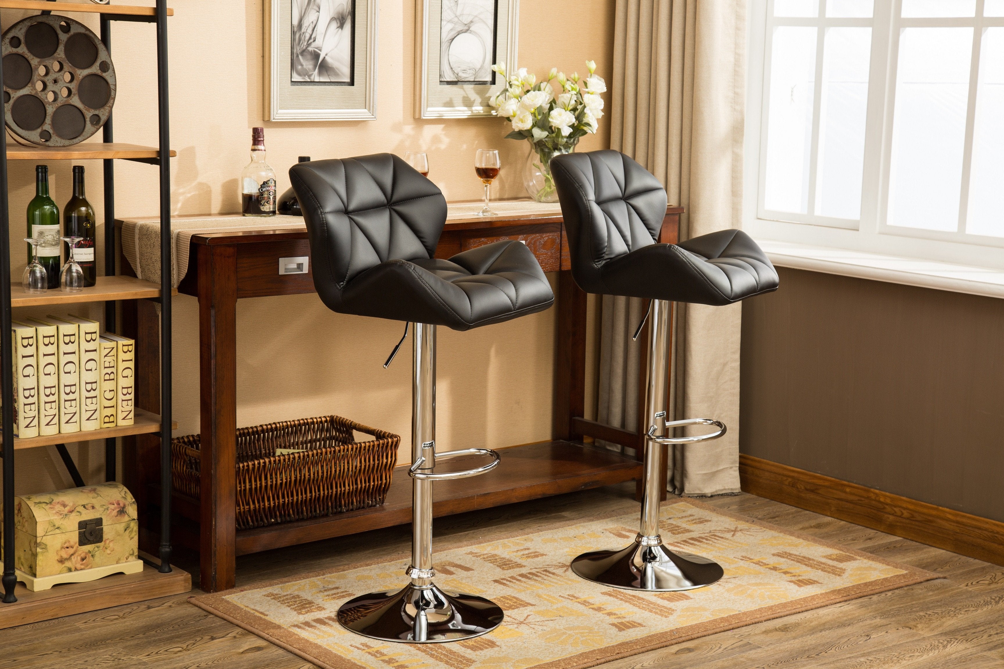 Roundhill Furniture Glasgow Contemporary Tufted Adjustable Height Hydraulic Bar Stools, Black, Set of 2 - Perfect for Kitchen Islands, Home Bars & Modern Dining Areas