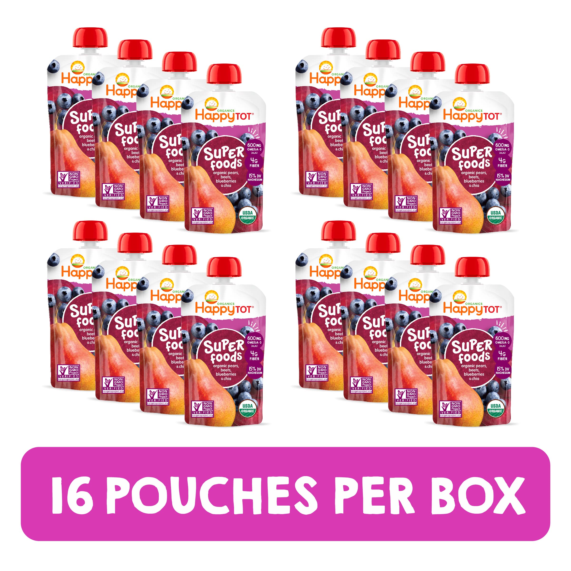 Happy Tot Organics Stage 4 Baby Food Pouches - Gluten Free Vegan Snacks with SuperFoods Fruit & Veggie Puree (Pears, Blueberries, Beets & Chia) - 4.22oz Pack of 16 - Perfect for On-the-Go Meals & Healthy Toddler Snacking