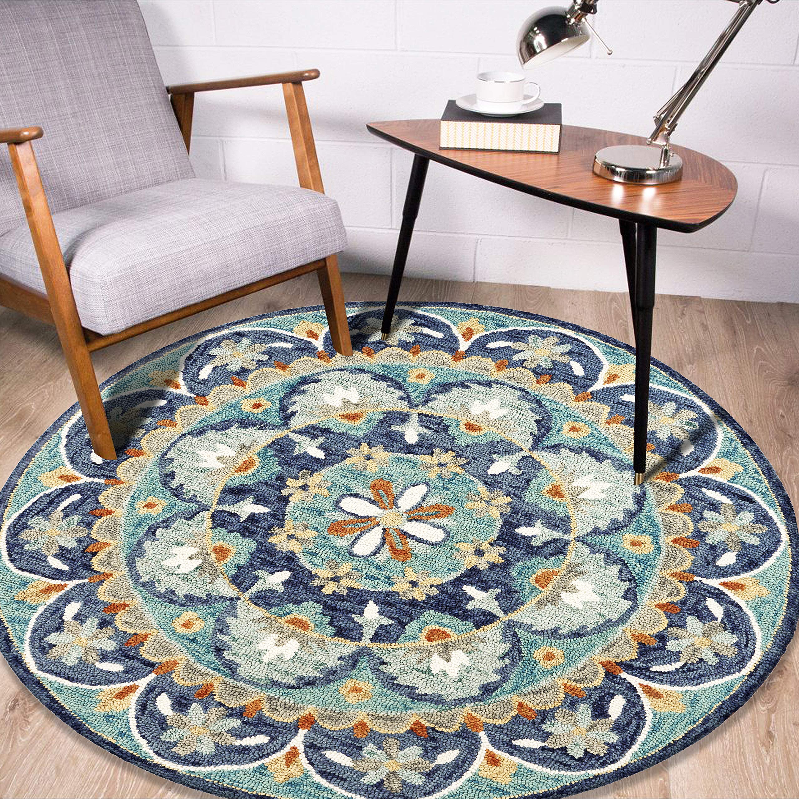 LR Home 6ft Round Indoor Wool Area Rug - Hand Woven Modern Farmhouse Boho Style in Teal/Blue | Perfect for Living Room, Bedroom, Playroom, Entryway & Office Decor | Soft & Durable Home Accent Rug for Cozy Spaces