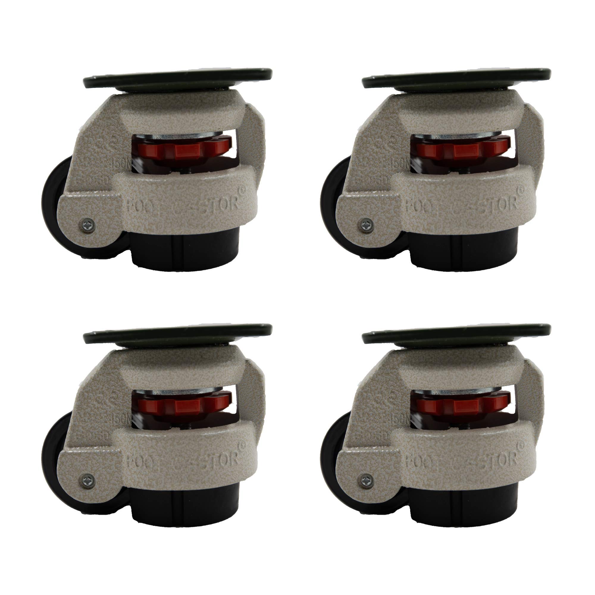 HLMOptimo GD-60F Retractable Leveling Casters with Rubber Pads - Heavy Duty Plate Mount Workbench Wheels (Set of 4) for Workshop, Garage, and Industrial Equipment Mobility