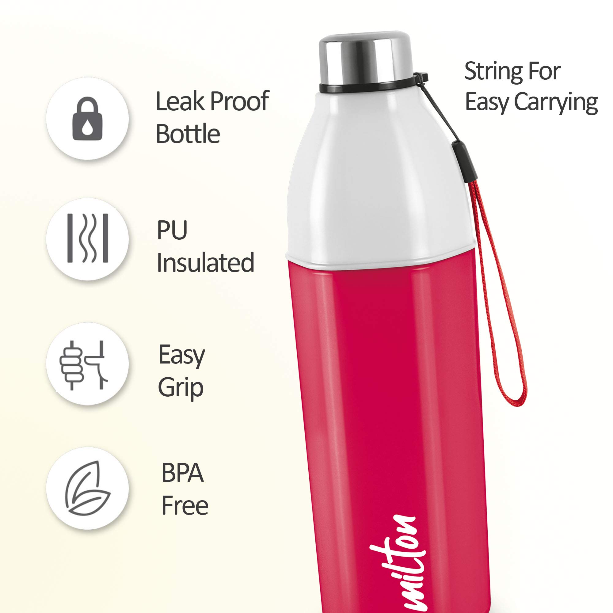 Milton Kool Hexone 1200 PU Insulated Water Bottle - 1.12L Leak Proof & BPA Free Stainless Steel Thermos - Perfect for Gym, Hiking, Office & Travel - Red