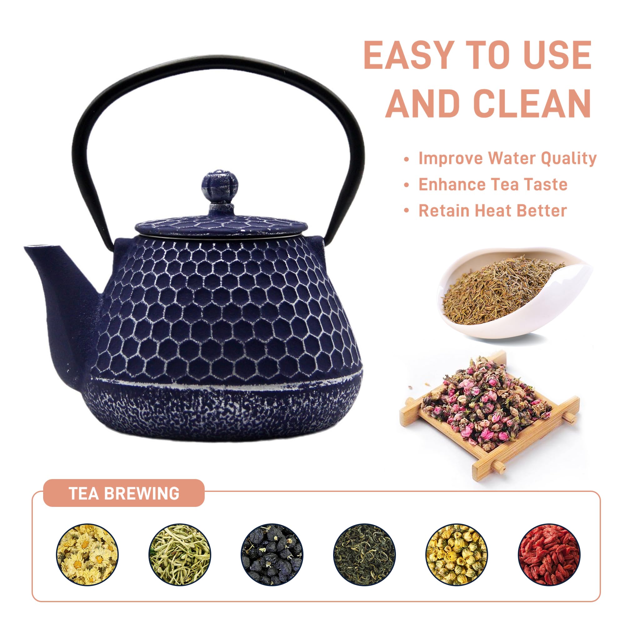 20.3oz Enameled Cast Iron Teapot with Stainless Steel Infuser - Stovetop Safe Japanese Tetsubin Tea Kettle for Loose Leaf Tea, Blue Honeycomb Pattern - Perfect for Home, Office & Tea Ceremonies