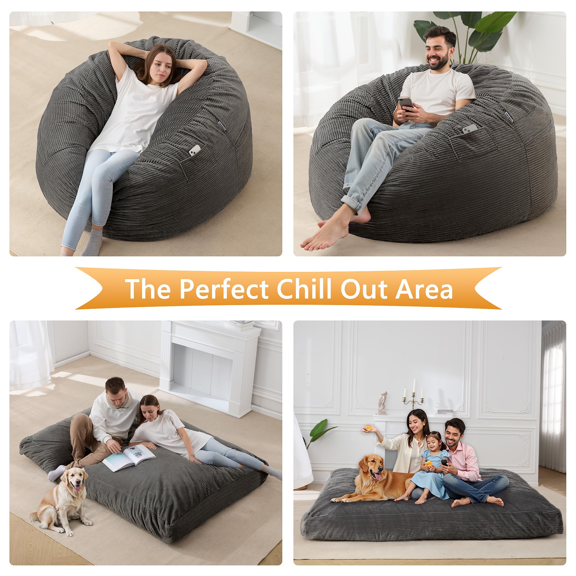 Ultra Soft HABUTWAY Giant Bean Bag Chair with Washable Corduroy Cover - Convertible from Chair to Mattress - Large Cordoroys Bean Bags for Adults, Couples & Family - Perfect for Living Rooms, Game Rooms & Dorm Lounges (Grey Full)