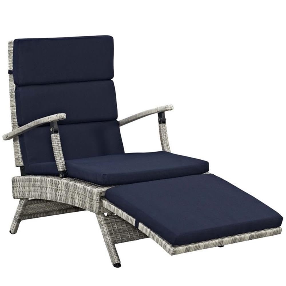 Modern Wicker Patio Lounge Chair - Navy Blue Rattan Outdoor Furniture for Poolside, Garden & Backyard Relaxation