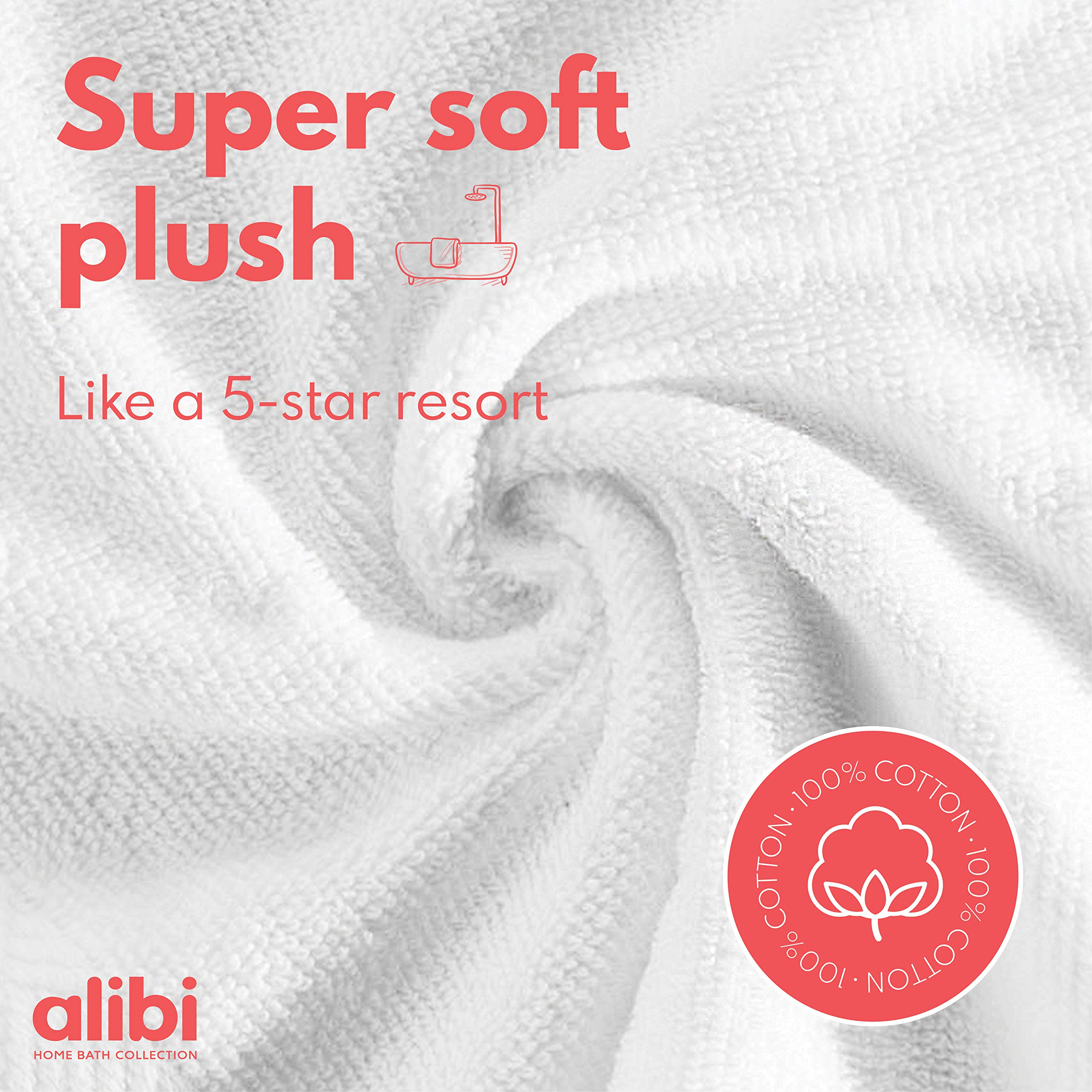 Alibi Washcloth Face & Body Towel Set - 12 Pack Soft & Absorbent 13”x13” Luxury Cotton Small Towels | Thick Plush Bath Towels with Decorative Stripe & Woven Border | Machine Washable for Home, Hotel & Spa Use | Perfect for Skincare, Baby Care & Travel Essentials | White