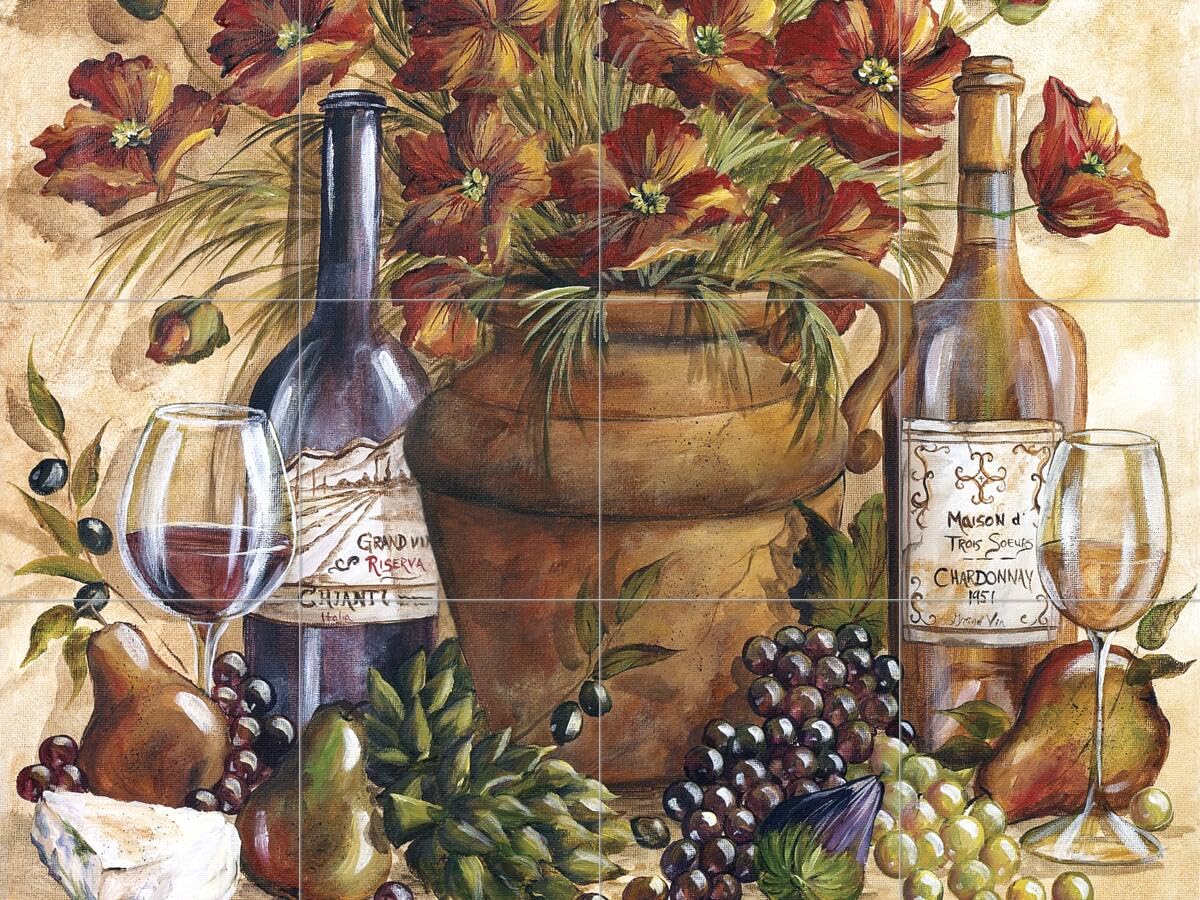 Wine Themed Ceramic Backsplash Tile Mural - Papaveri Rossi Complete Kitchen Decor | Elegant Handmade Italian Tiles for Wine Cellar, Bar & Tuscan Style Kitchen Renovation