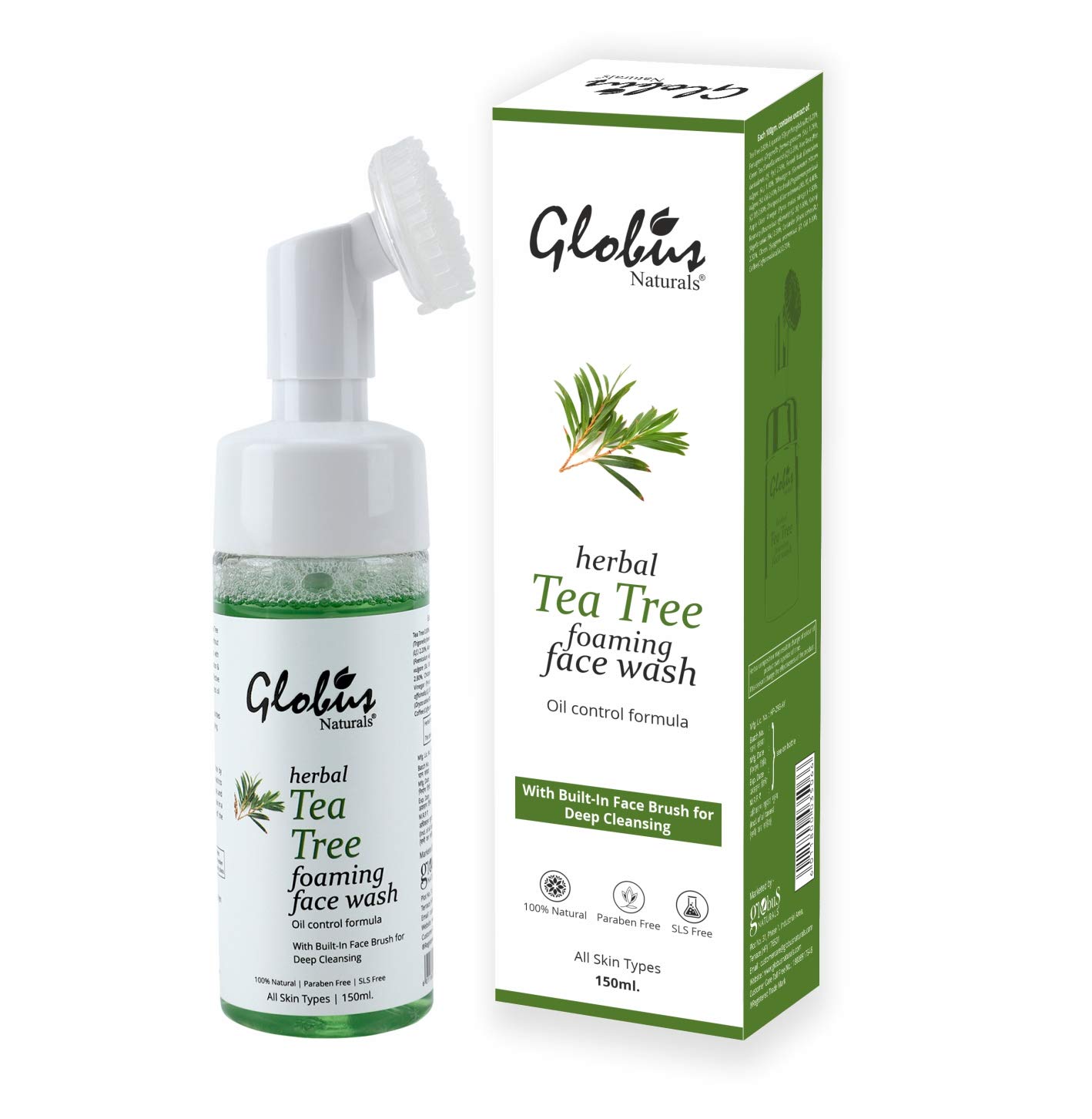 Globus Naturals Tea Tree Acne Control Foaming Face Wash with Silicone Face Massage Brush 150ml - Deep Cleansing for Oily & Acne-Prone Skin | Perfect for Daily Skincare Routine