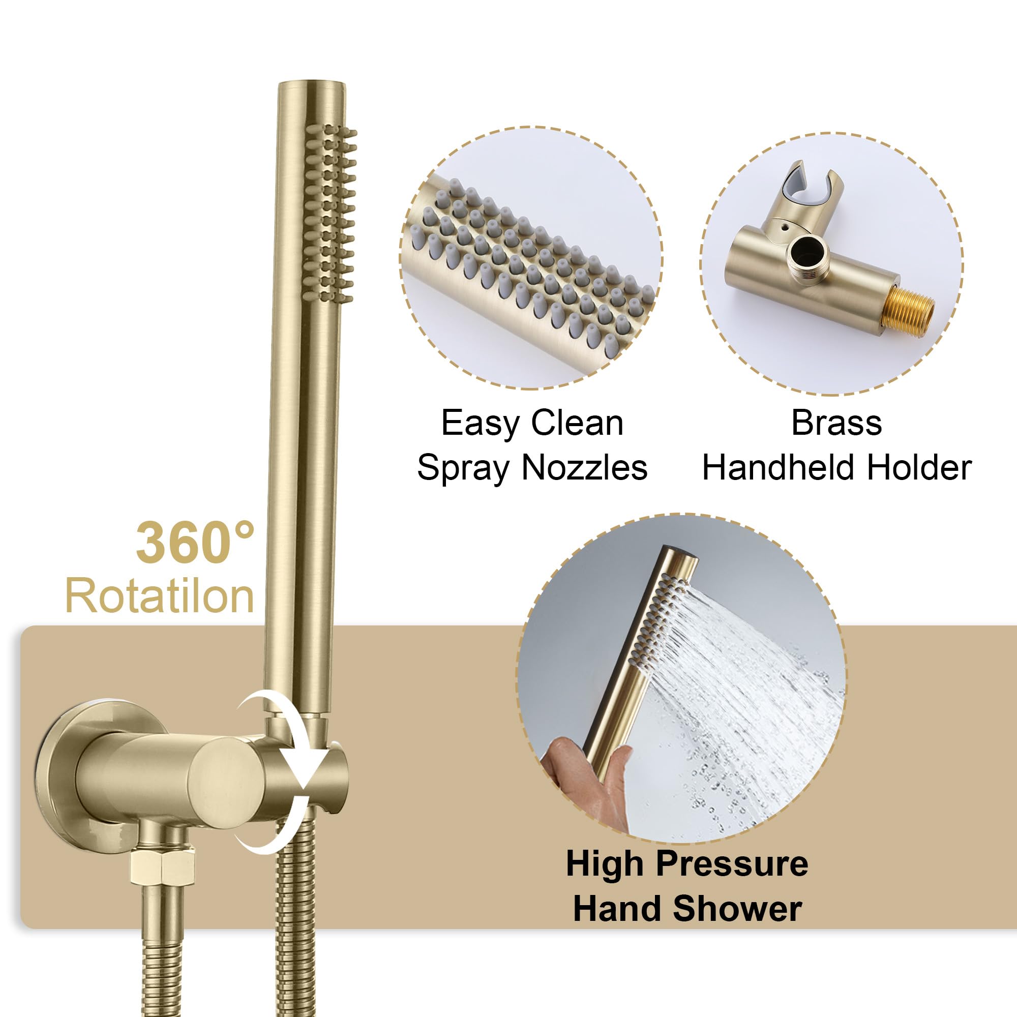 10 Inch Brushed Gold Wall Mount Shower Faucet Set - High Pressure Rainfall Shower Head with Handheld Spray - Brass Bathroom Shower System for Luxury Spa Experience
