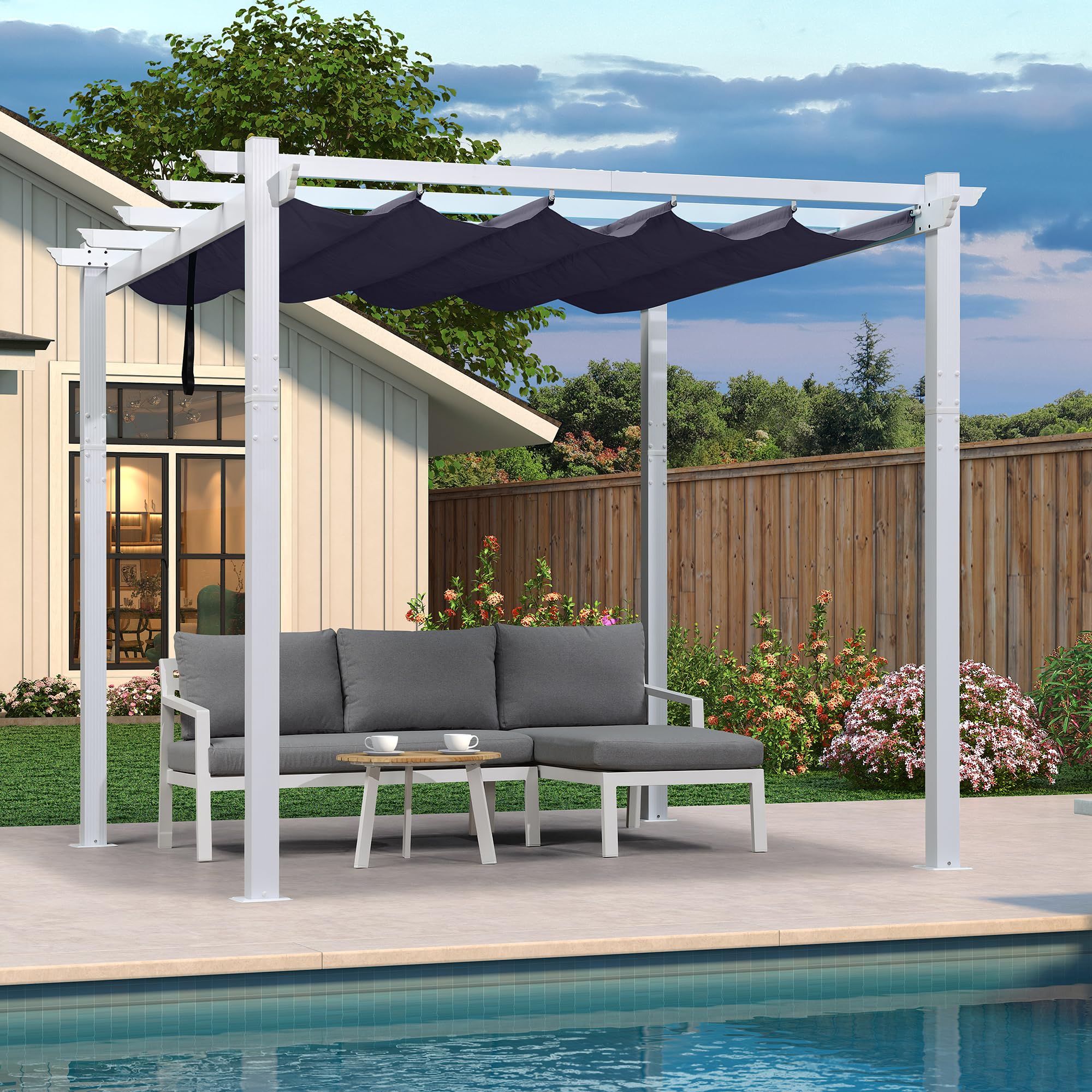 10'x10' Navy Blue PURPLE LEAF Retractable Pergola with Sun Shade Canopy - Outdoor Metal Shelter for Patio, Garden, Porch, Yard, BBQ & Beach | Perfect for Shade, Relaxation & Outdoor Entertaining
