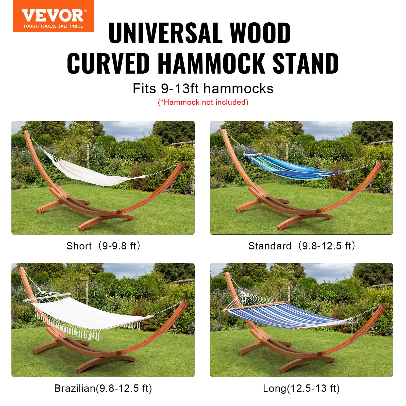 VEVOR Wooden Hammock Stand - 475 lbs Capacity Universal 2 Person Hammock Frame for 9-13 ft Hammocks, Adjustable Larch Wood Arc Stand with Chains & Carabiners - Perfect for Backyard, Patio, Camping & Indoor Relaxation