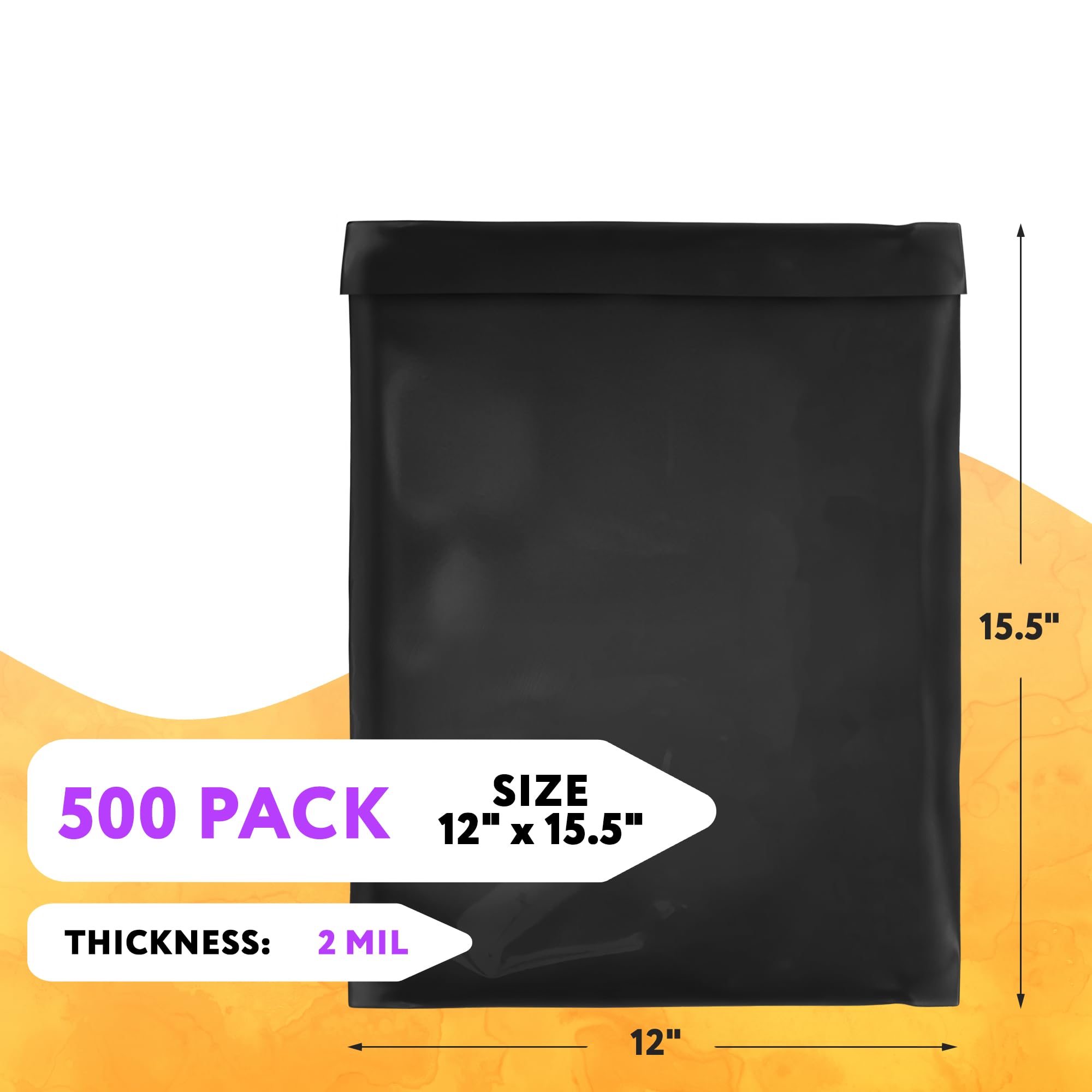 500 Pack Black 12x15.5 Inch 2 Mil Poly Mailers - Self Sealing Waterproof Polyethylene Shipping Envelopes for Clothing & Apparel | Perfect for Ecommerce, Online Stores & Small Business Shipping
