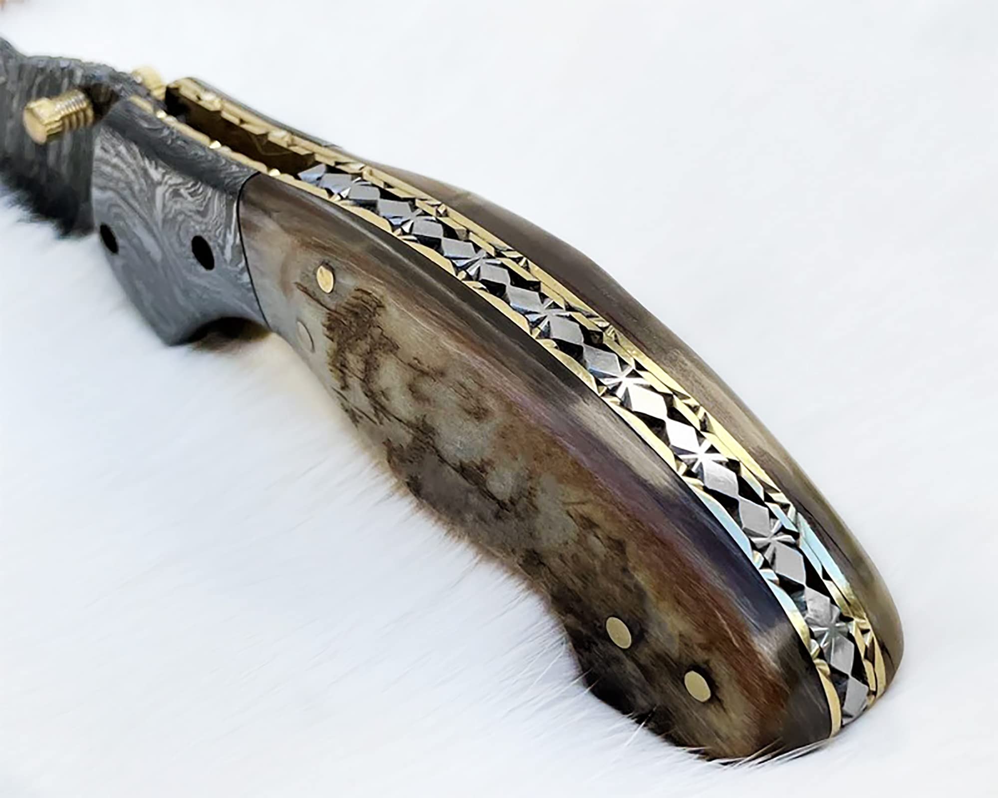 Premium Damascus Steel Folding Pocket Knife with Ram Horn Handle - 100% Handmade Men's Gift Knife with Leather Sheath - 7.5