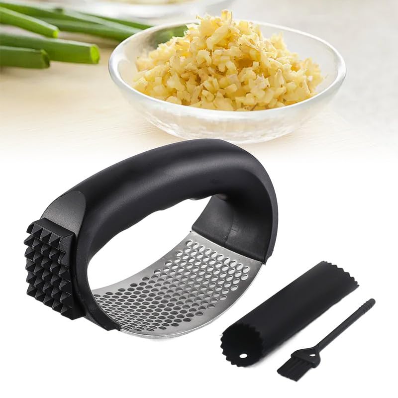 2024 Upgraded Stainless Steel Garlic Press Rocker - Professional Garlic Mincer Crusher with Peeler & Cleaning Brush - Heavy Duty Garlic Smasher for Cooking, Baking & Meal Prep - Best Kitchen Gadget Tool for Garlic Lovers