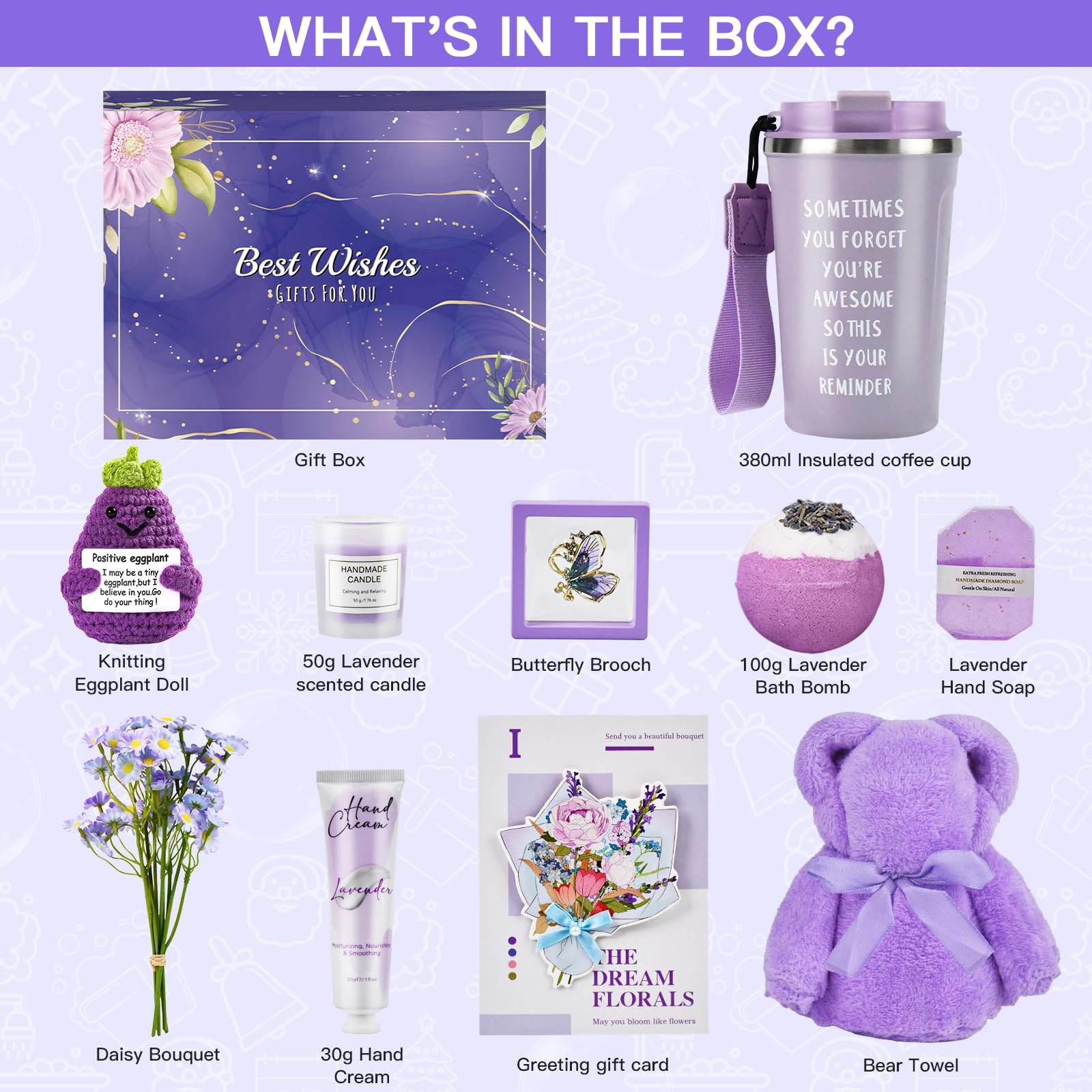Lavender Spa Gift Set for Women - Relaxing Birthday, Christmas & Holiday Gifts for Her, Best Friend, Mom, Sister, Wife, Girlfriend or Coworker - Includes Emotional Support Eggplant Doll - Perfect for Self-Care, Stress Relief & Thoughtful Present Giving