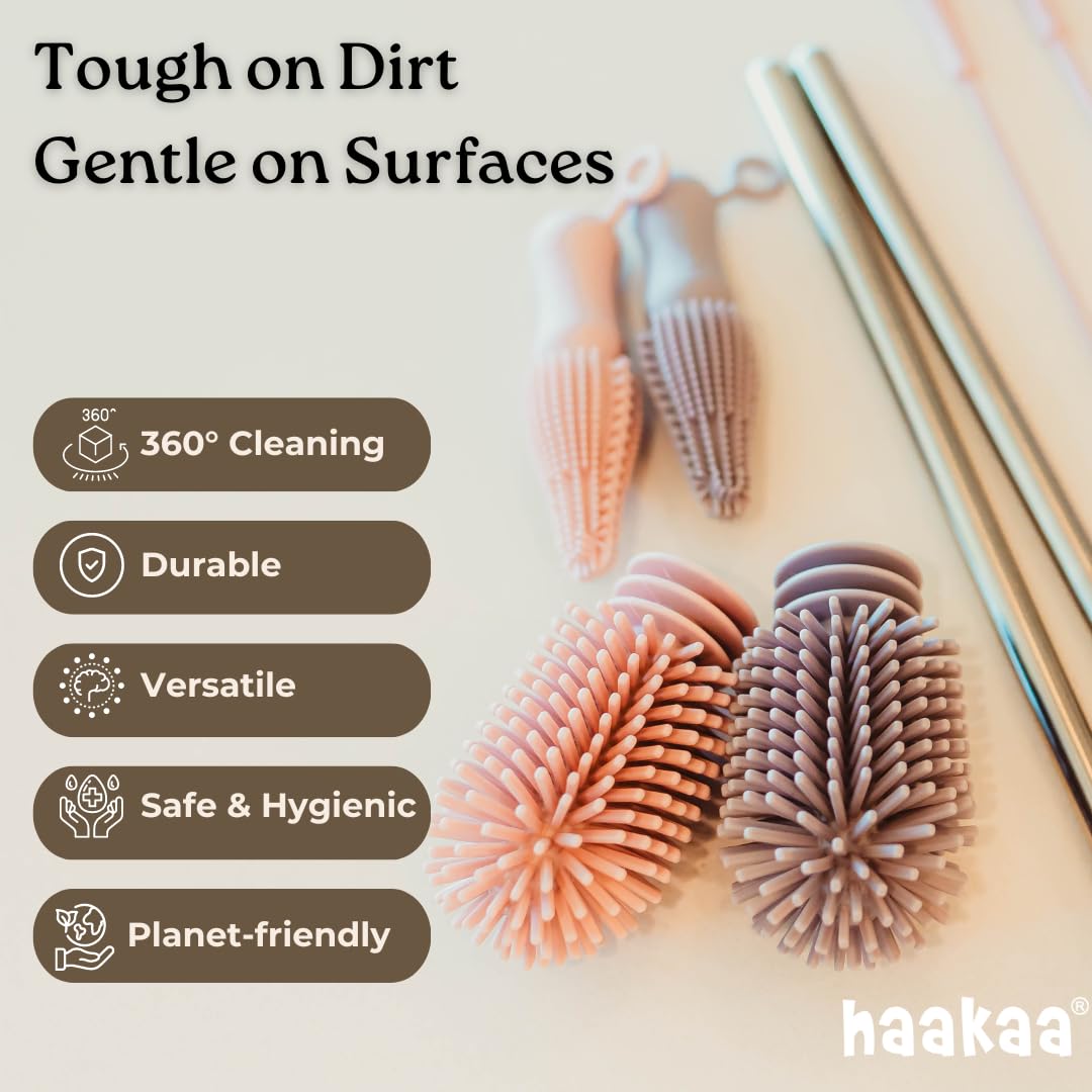 Haakaa Silicone Cleaning Brush Kit - Food-Grade Dishwasher Safe Bottle & Crevice Cleaning Brushes (Grey) - Perfect for Baby Bottles, Water Bottles, Kitchen Utensils & Hard-to-Reach Areas