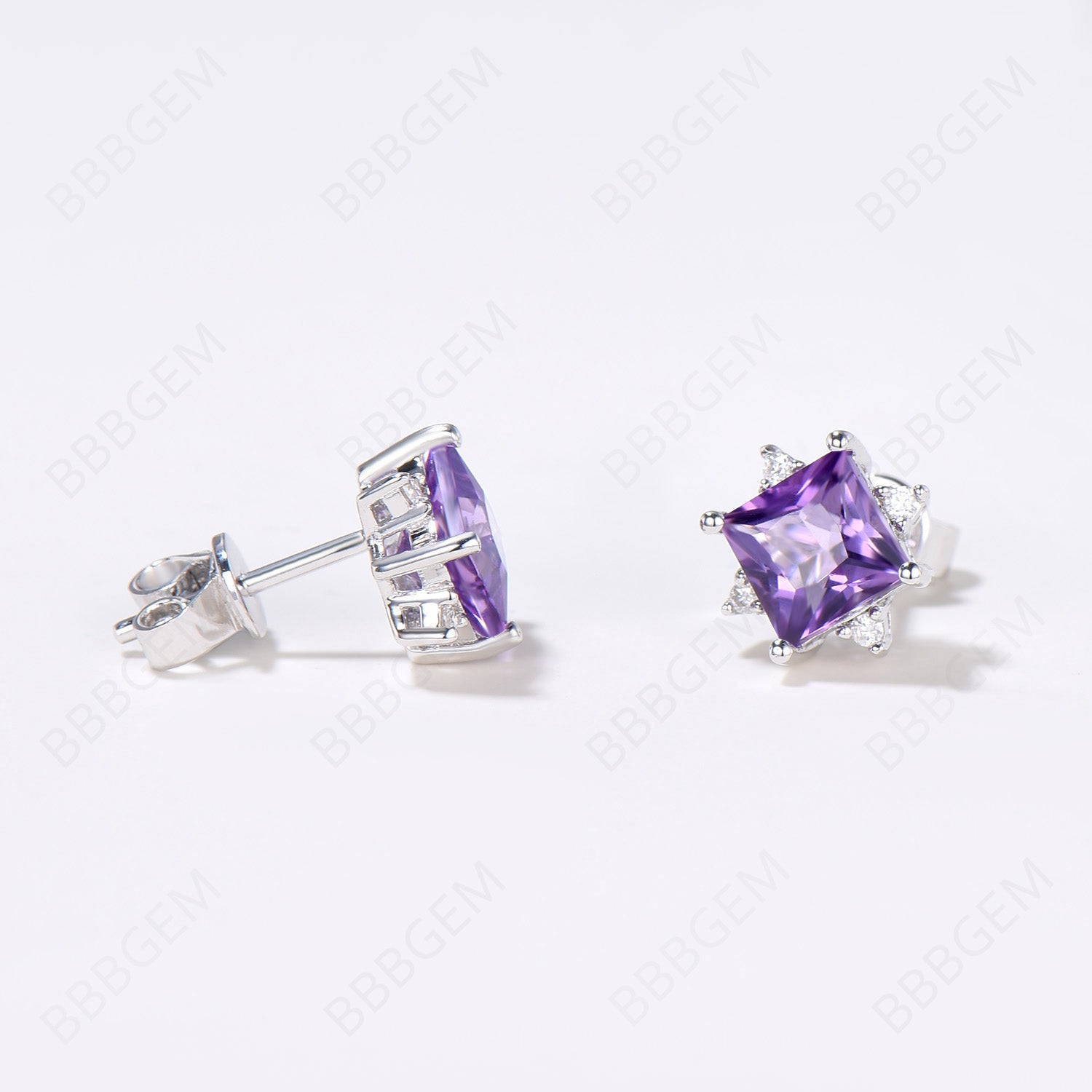 Natural Amethyst Stud Earrings - 5 Stone Princess Cut Earrings for Women | Elegant Purple Gemstone Jewelry Gift for Birthday, Anniversary & Special Occasions