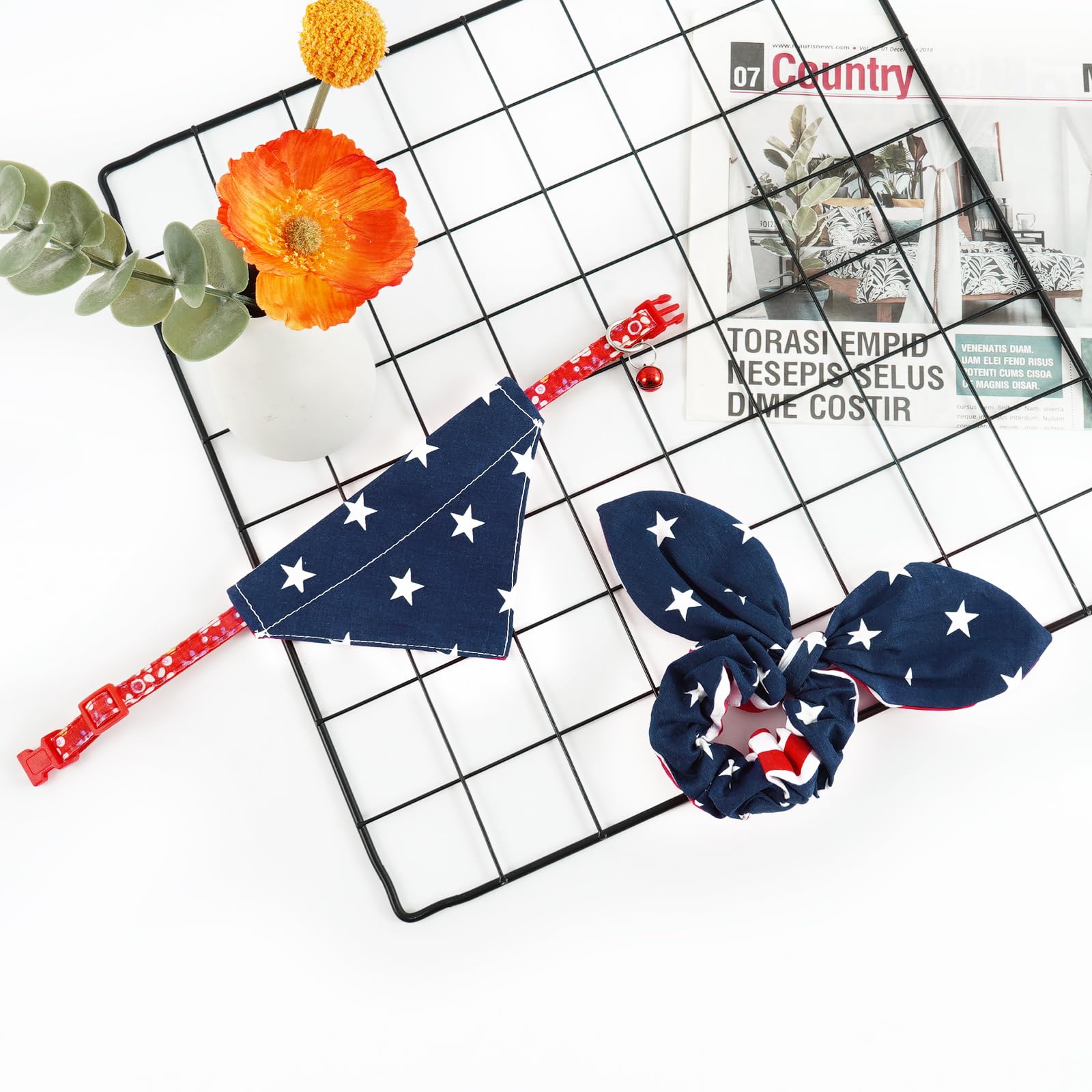 E-Clover Patriotic Cat Collar with American Flag Bandana & Matching Scrunchie - 4th of July Pet Accessories for Kittens - Blue Red White Pet Bibs - Perfect for Independence Day Celebrations & Gift for Cat Owners