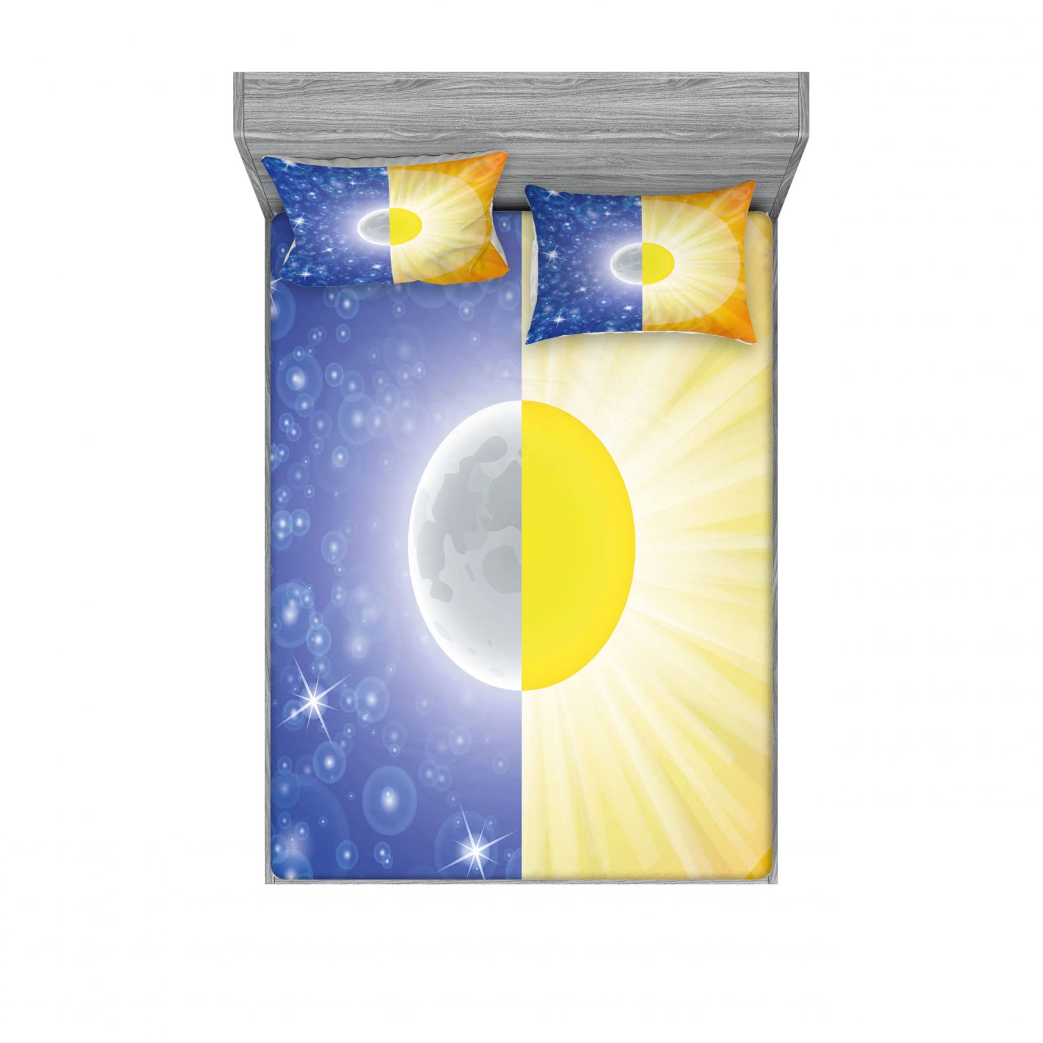 Ambesonne 2-Pack Queen Size Fitted Sheets & Pillow Sham Set - Space Themed Bedding with Sun Beams, Stars in Blue & Yellow | 4-Piece Bedding Decor for Cozy Nights & Celestial-Themed Bedrooms