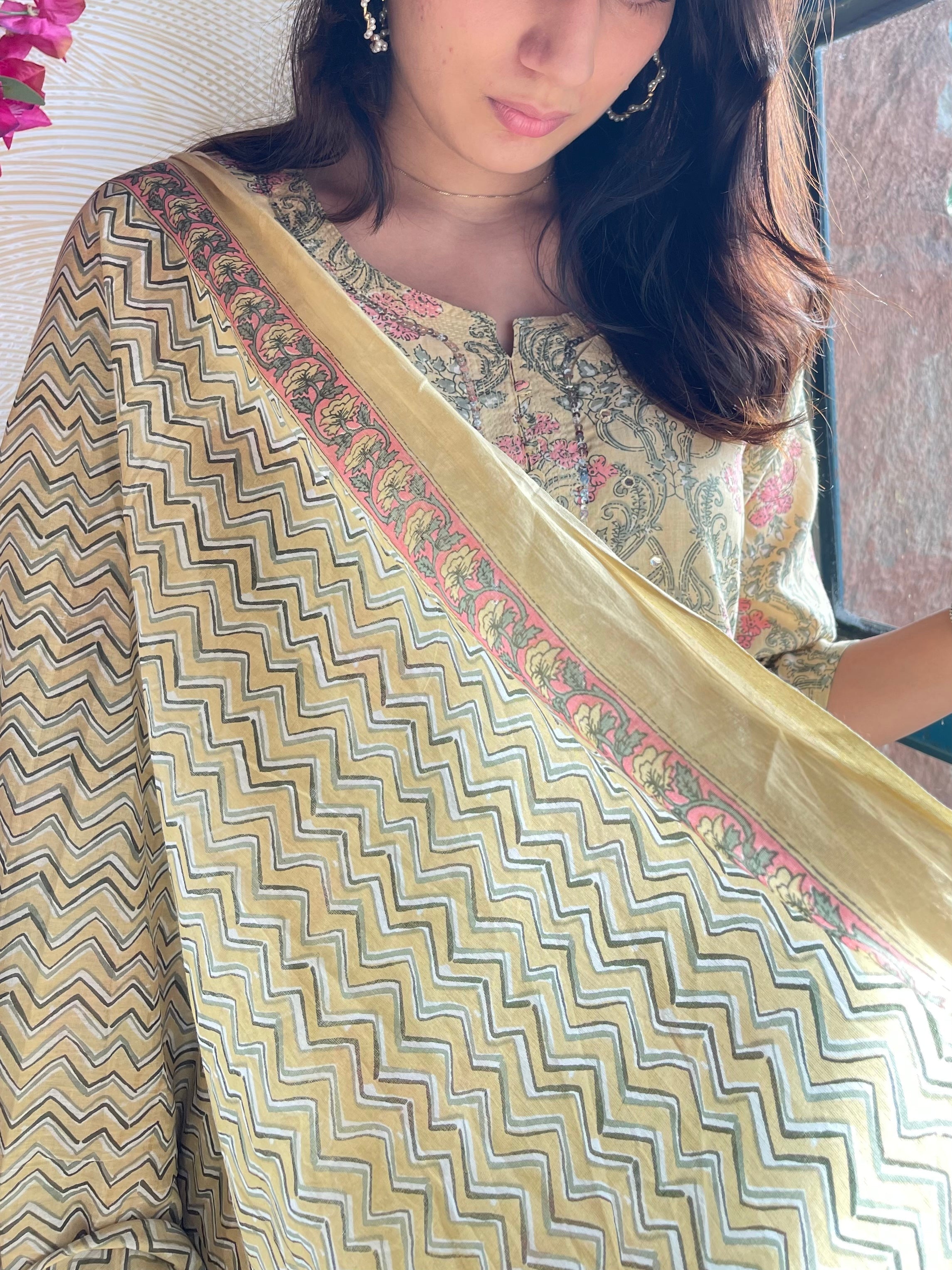 Handmade Yellow Block Print Kurta Suit Set for Women | Traditional Indian Ethnic Wear | Perfect for Festivals, Weddings & Casual Outings