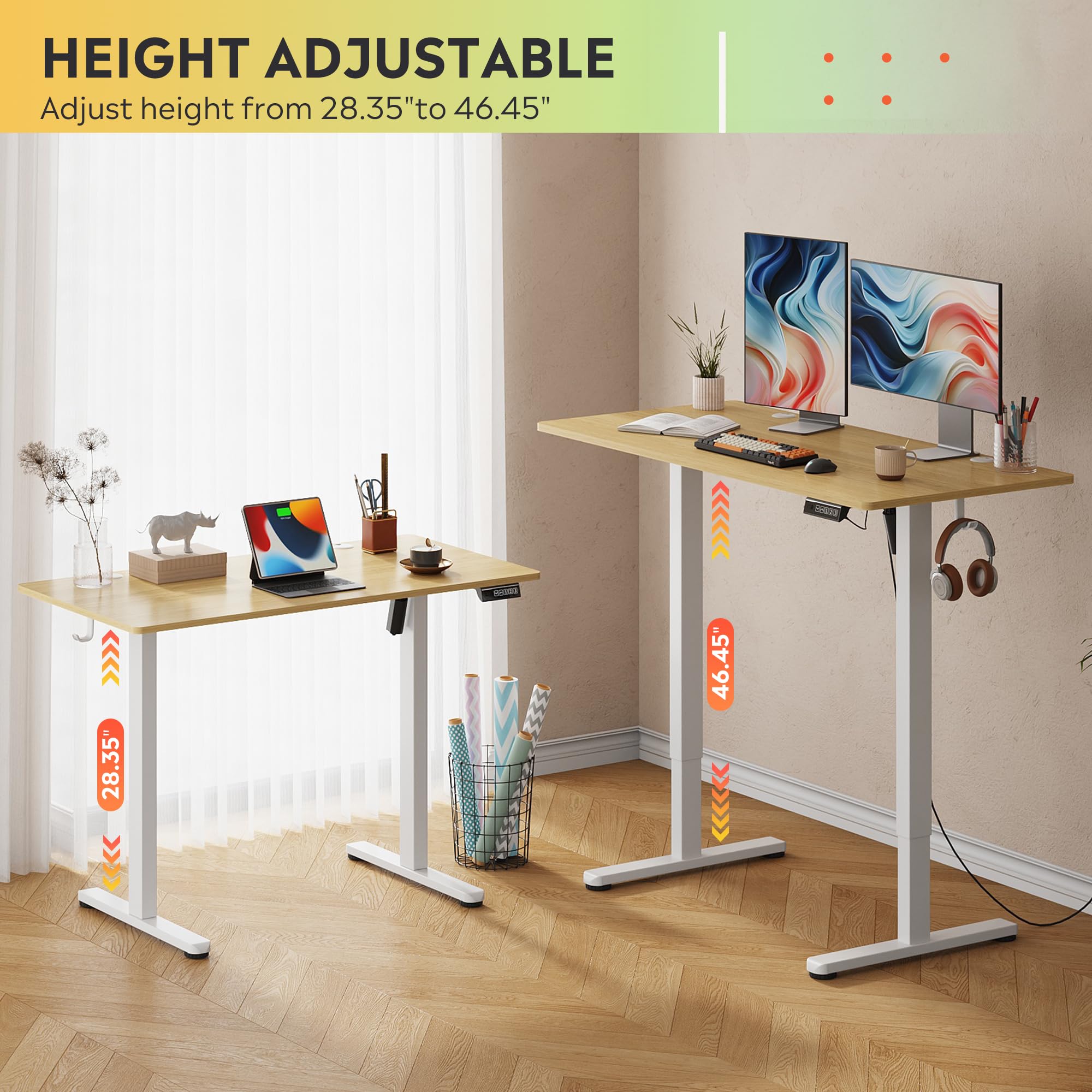 DEVAISE 48 x 24 Inch Electric Adjustable Height Standing Desk with 3 Memory Presets - Sit Stand Computer Desk for Home Office, Ergonomic Workstation with Headphone Hook in Maple Finish - Perfect for Remote Work & Gaming Setup