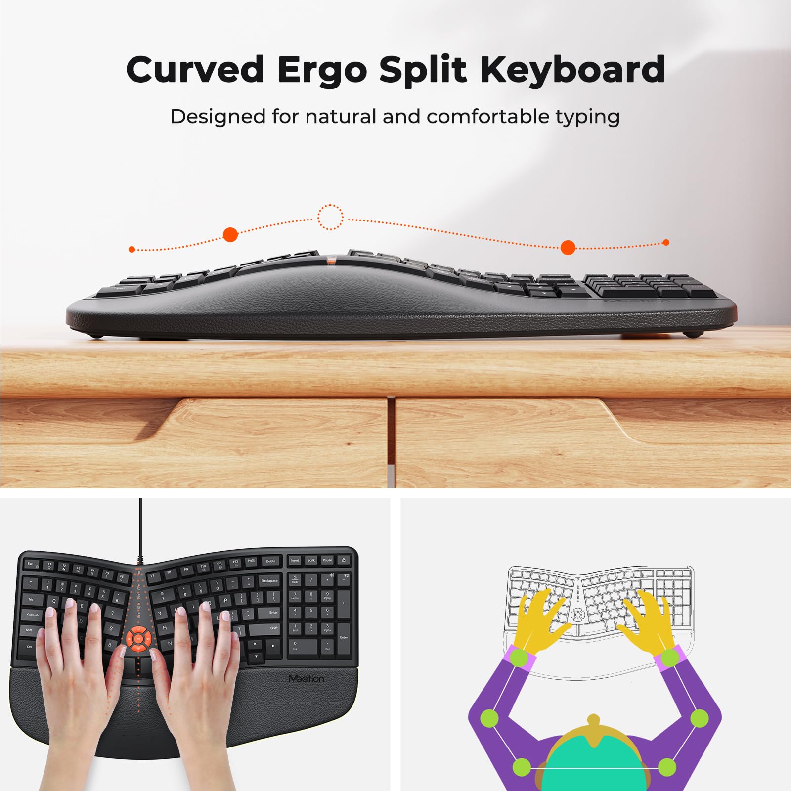MEETION Ergonomic Wired Keyboard and Mouse Set - Split Design with Cushioned Wrist Rest & Vertical Mouse - Natural Typing for Windows/Mac - Perfect for Office, Gaming & Long Computer Work Sessions