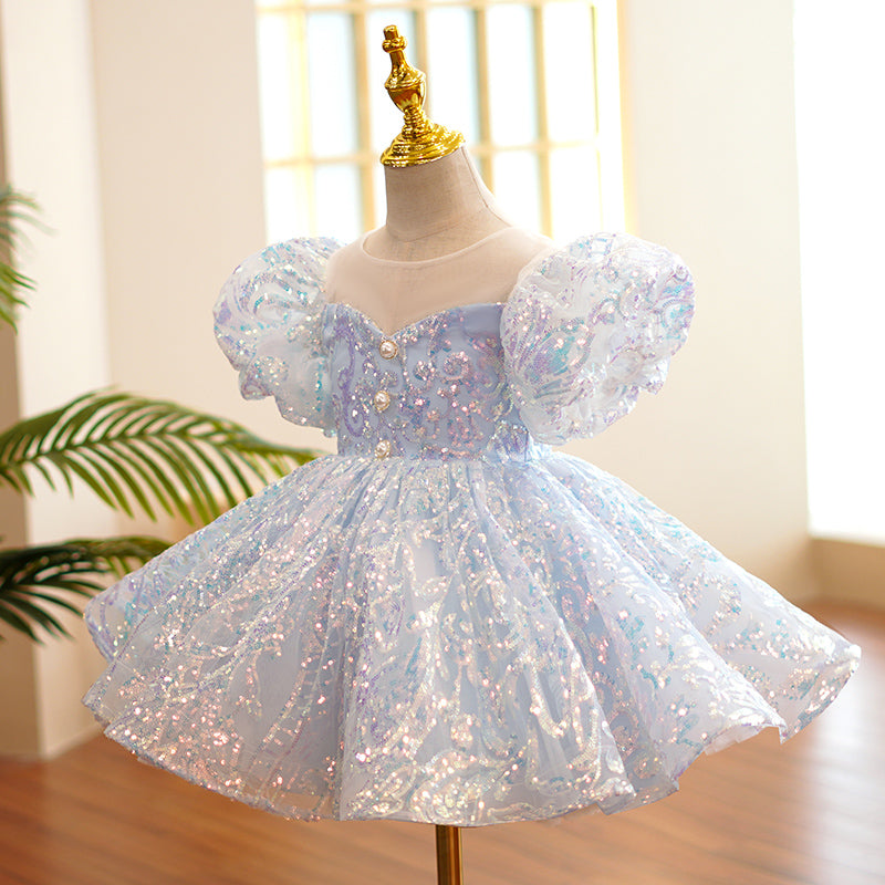 Sparkly Dusty Blue Sequin Princess Dress for Girls | Elegant Ruffle Puff Sleeves Party Gown | Perfect for Birthday, Pageant, and Special Occasions