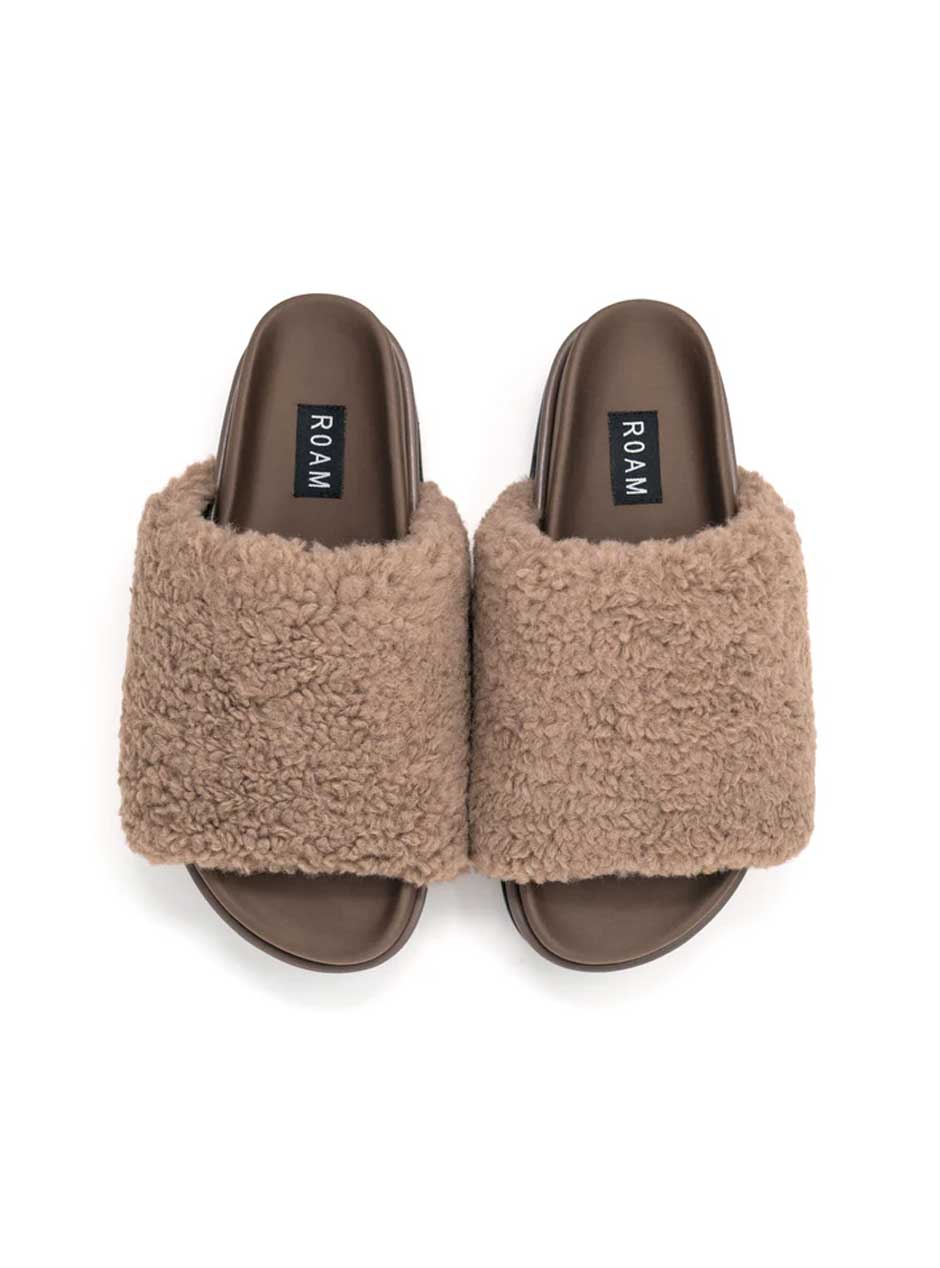 ROAM Women's Fuzzy Faux Shearling Platform Sandals - Comfortable Slip-On Winter Shoes for Women, Taupe Tan | Cozy House Slippers & Casual Outdoor Wear