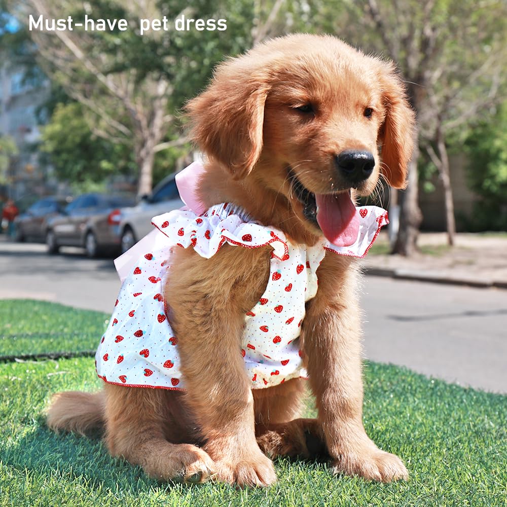 ANIAC Strawberry Dog Dress for Small & Medium Dogs - Cotton Puppy Princess Outfit with Bow, Sleeveless Summer Pet Clothing for Cats & Dogs (X-Large) - Perfect for Birthday Parties, Photo Shoots & Daily Walks