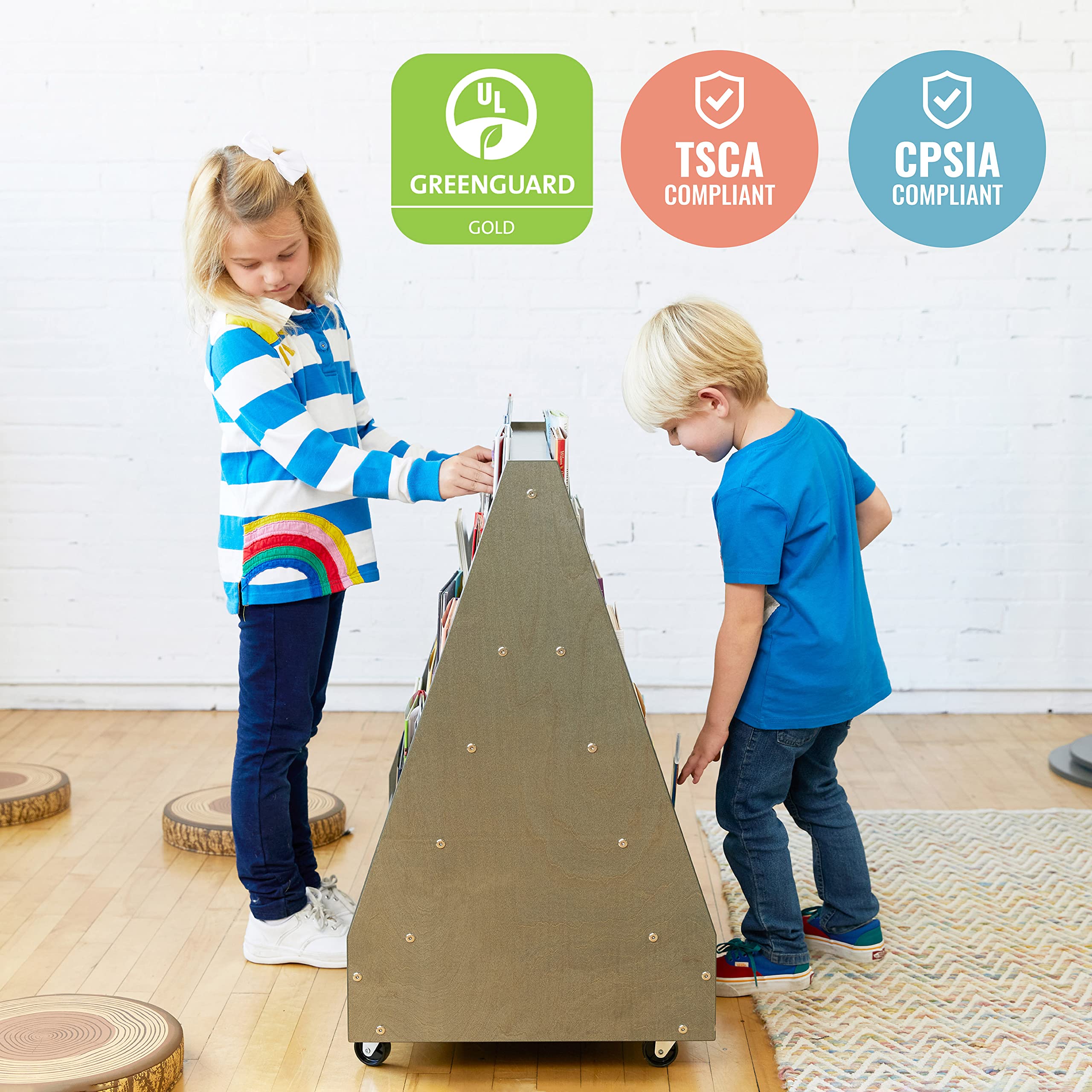 ECR4Kids Double-Sided Mobile Book Display - Grey Wash Classroom Bookshelf for Kids | Perfect for School Libraries, Reading Corners & Daycare Centers