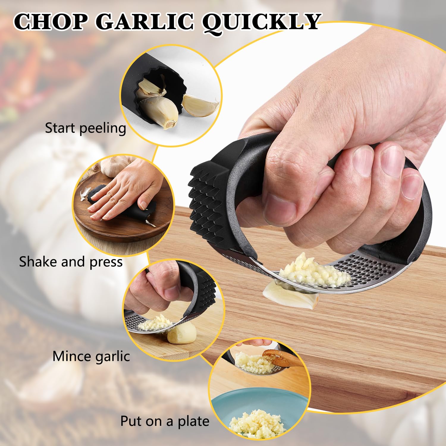 2024 Upgraded Stainless Steel Garlic Press & Crusher with Peeler & Cleaning Brush - Heavy Duty Kitchen Tool for Crushing Garlic, Ginger & Herbs - Perfect for Cooking, Meal Prep & Professional Kitchens