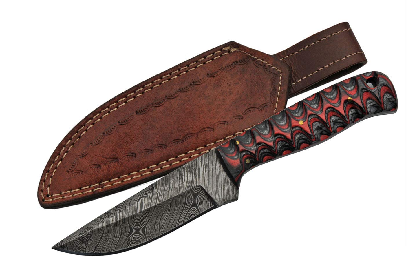 Premium Damascus Steel Hunting Knife with Red Twisted Wood Handle - 7.5