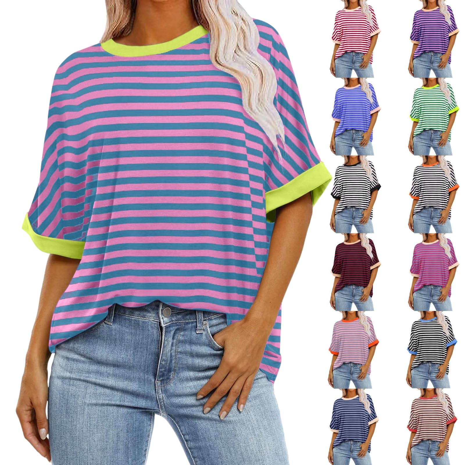 Trendy 2024 Summer Tops for Women - Color Block Striped Crewneck Shirt, Lightweight Loose Blouse with Half Sleeve | Perfect for Beach Outings, Casual Wear & Vacation Essentials