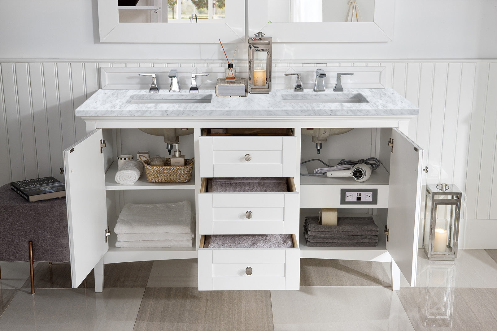 Palisades 60 Inch Double Bathroom Vanity with Carrara Marble Top - Bright White Finish for Modern Bathrooms | Perfect for Master Bath, Guest Bath & Powder Room Renovations