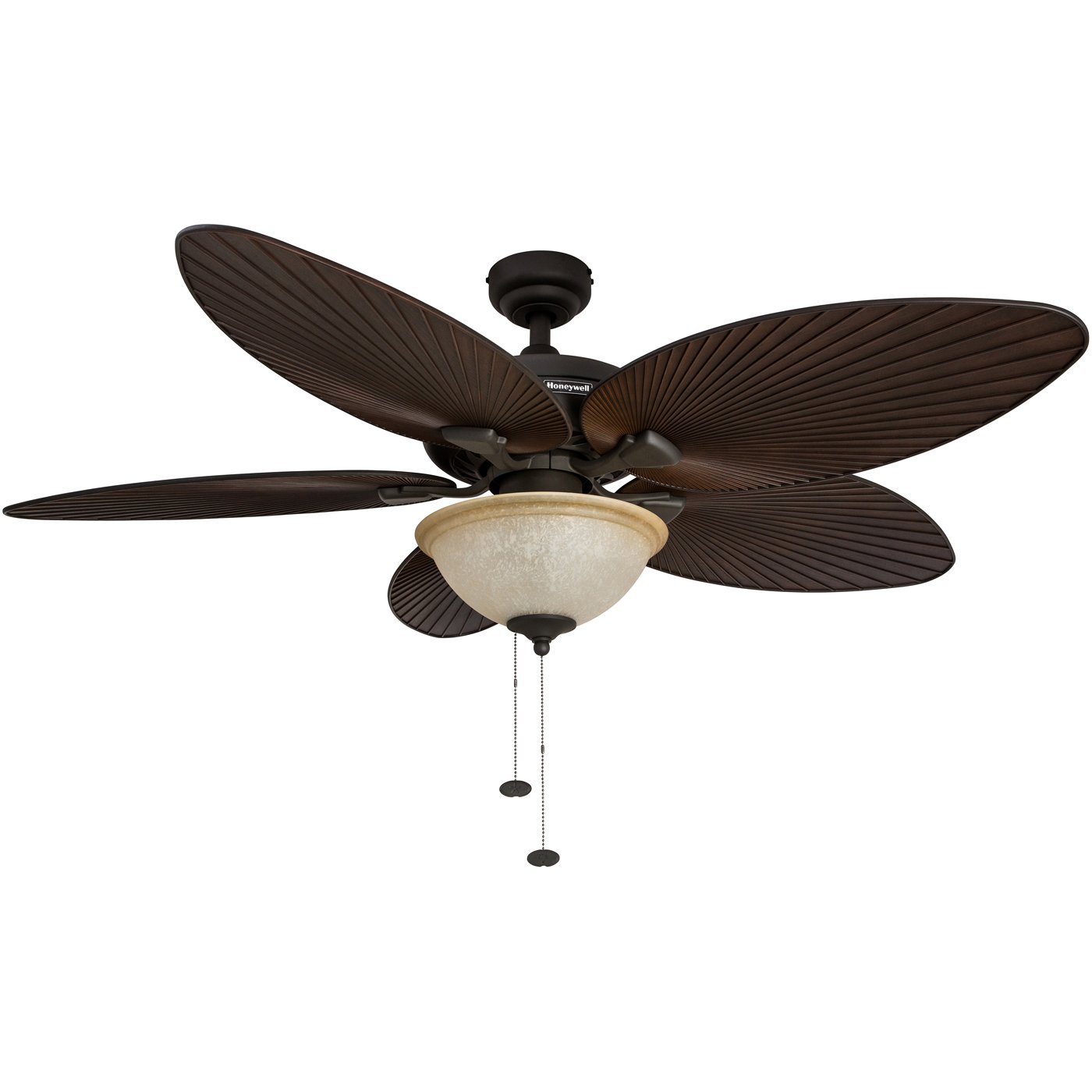 Honeywell 52 Inch Indoor/Outdoor Ceiling Fan with Light - Tropical Palm Leaf Blade Design, LED Lighting, Pull Chain Control, Dual Mount, ETL Damp Rated, Bronze Finish (Model 50202-01) - Perfect for Patio, Bedroom, Living Room and Tropical-Themed Spaces